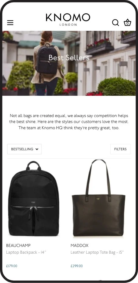Mobile shopping website featuring best-selling bags from Knomo London, including a black laptop backpack and a leather tote bag.