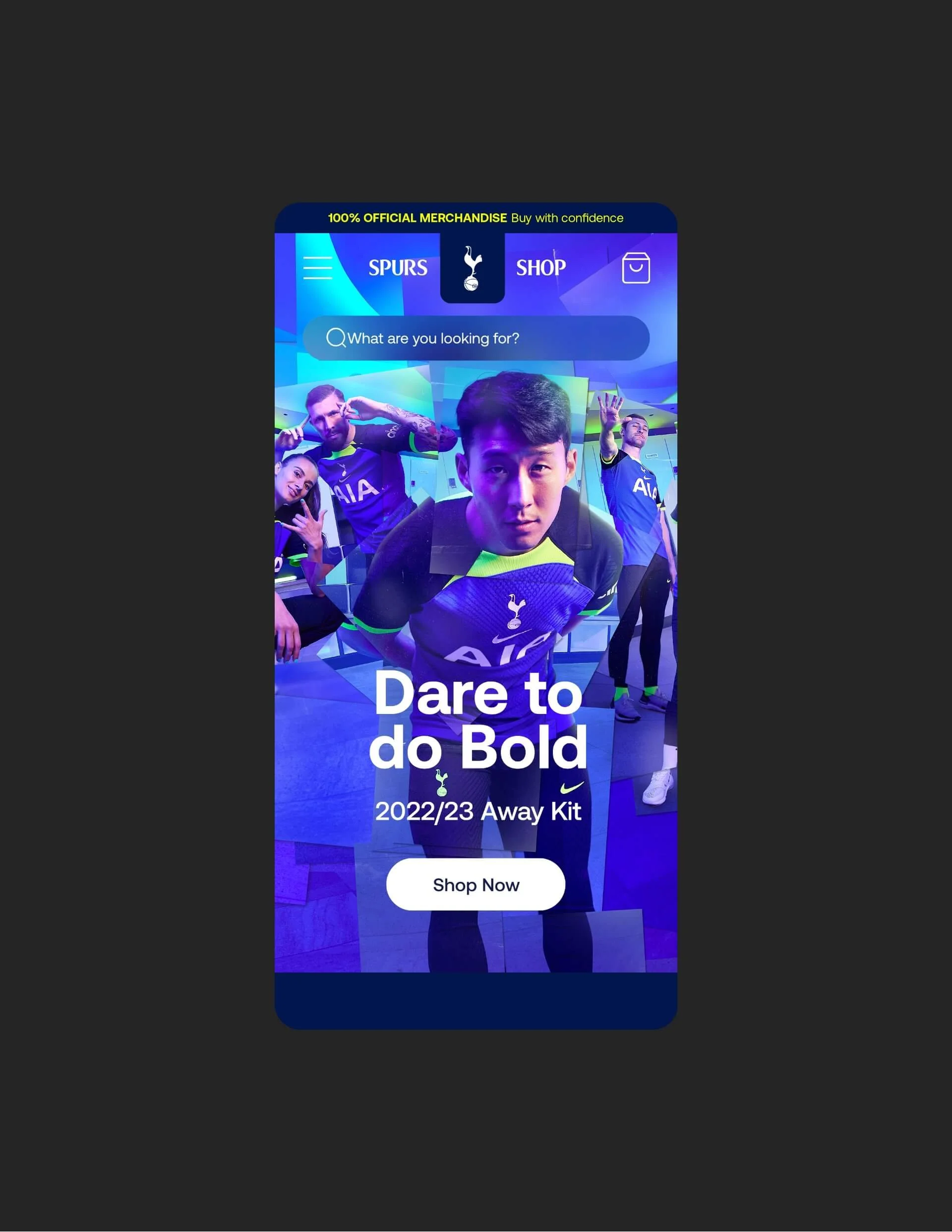 Promotional image of Tottenham Hotspur's 2022/23 away kit featuring players in team jerseys, with text 'Dare to do Bold' and a 'Shop Now' button.