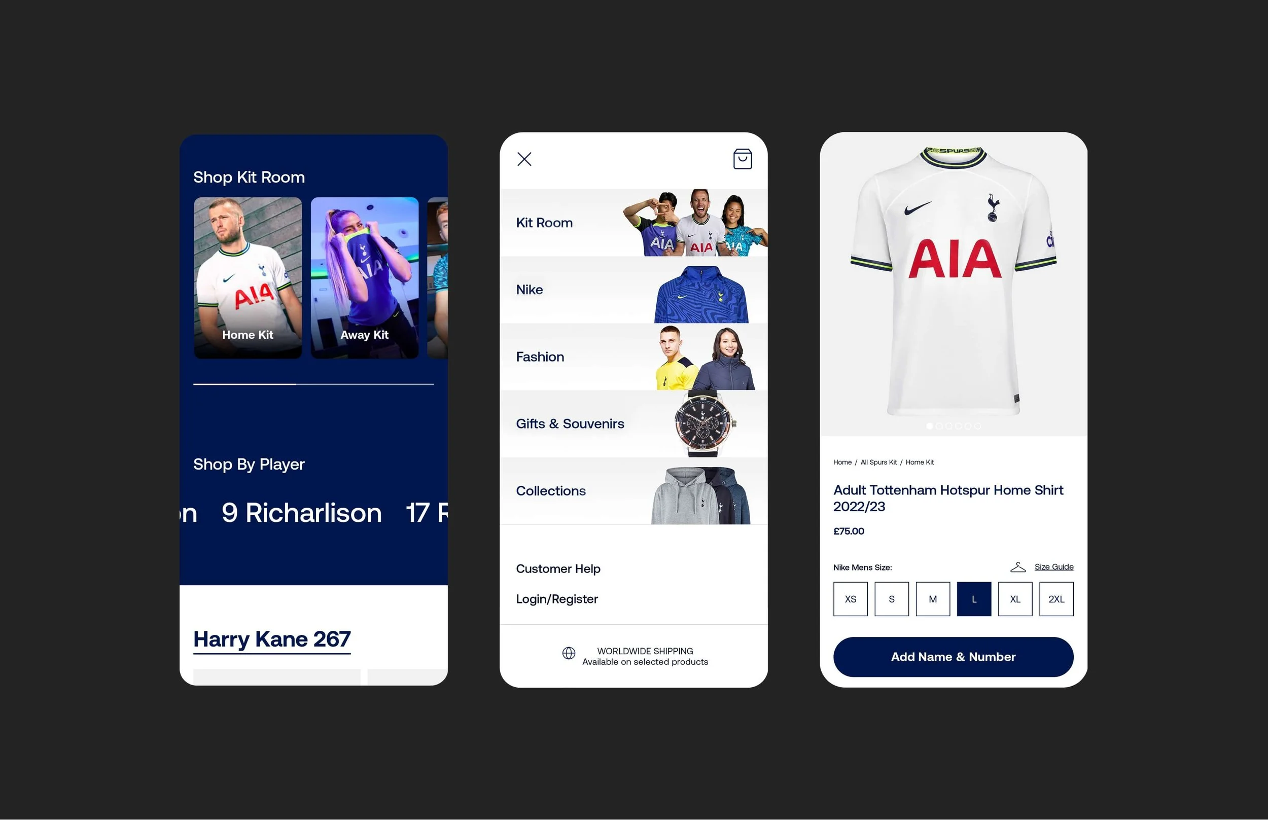 Screenshots of a mobile shopping app for Tottenham Hotspur football merchandise, showcasing team jerseys, categories, and product details.