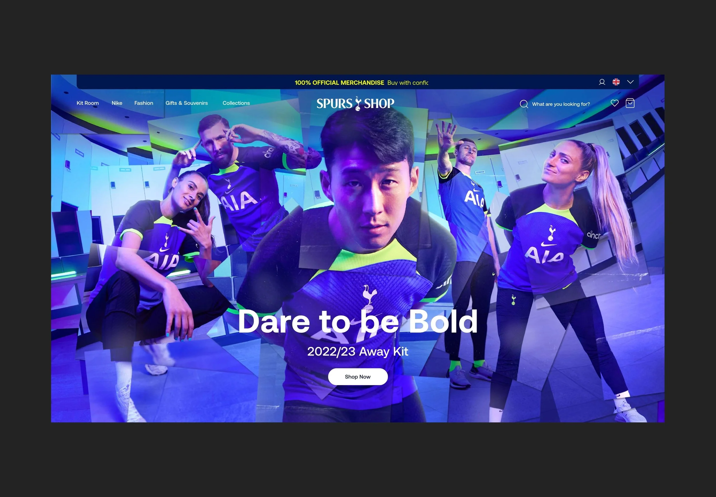 A promotional webpage for Tottenham Hotspur's 2022/23 away kit, featuring five models in assembled photos wearing team jerseys and striking poses, with the text 'Dare to be Bold' and a 'Shop Now' button.