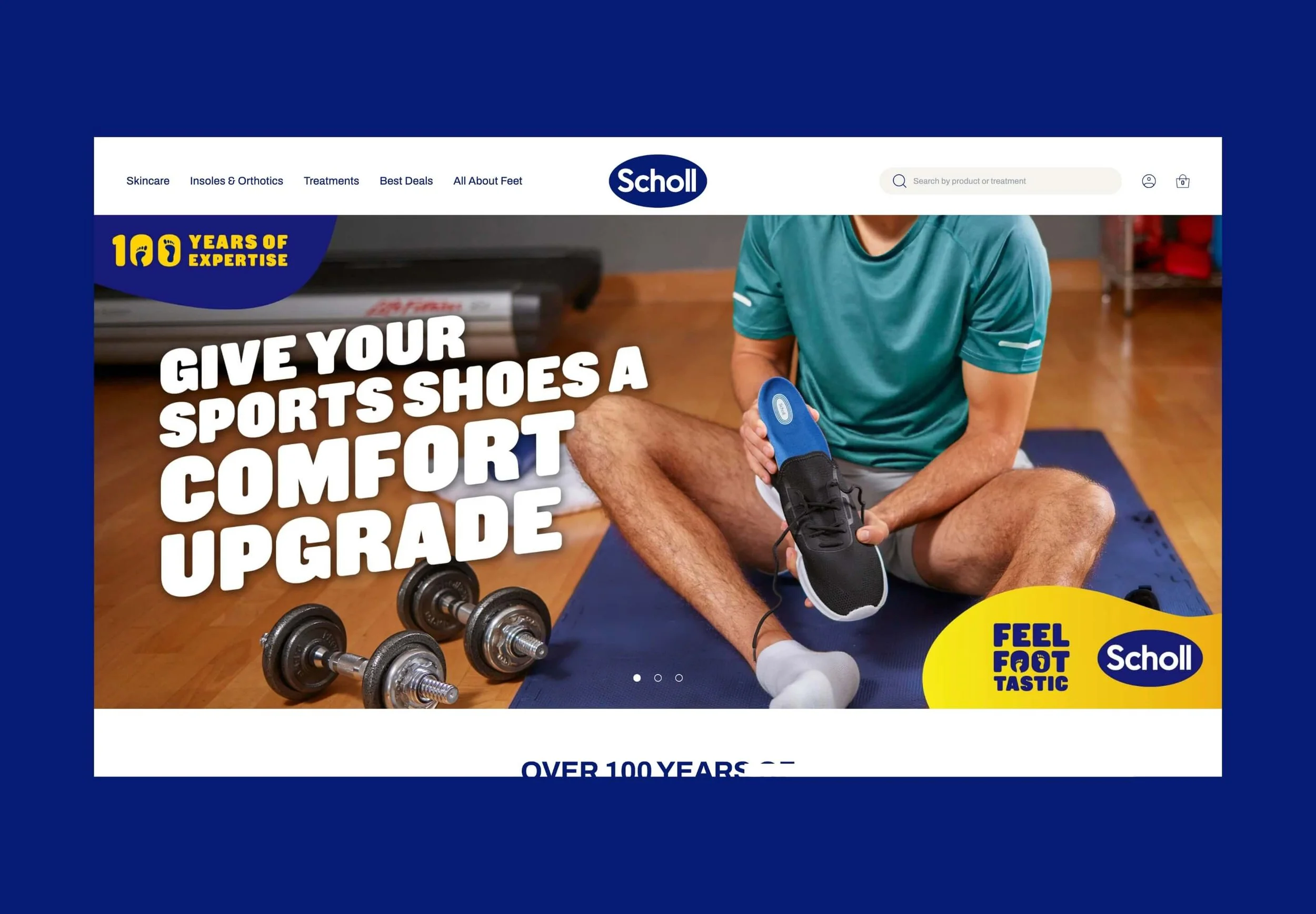 A person sitting on a yoga mat in a gym, holding a sports shoe, with dumbbells nearby. The image advertises giving sports shoes a comfort upgrade with text and a logo for Scholl.