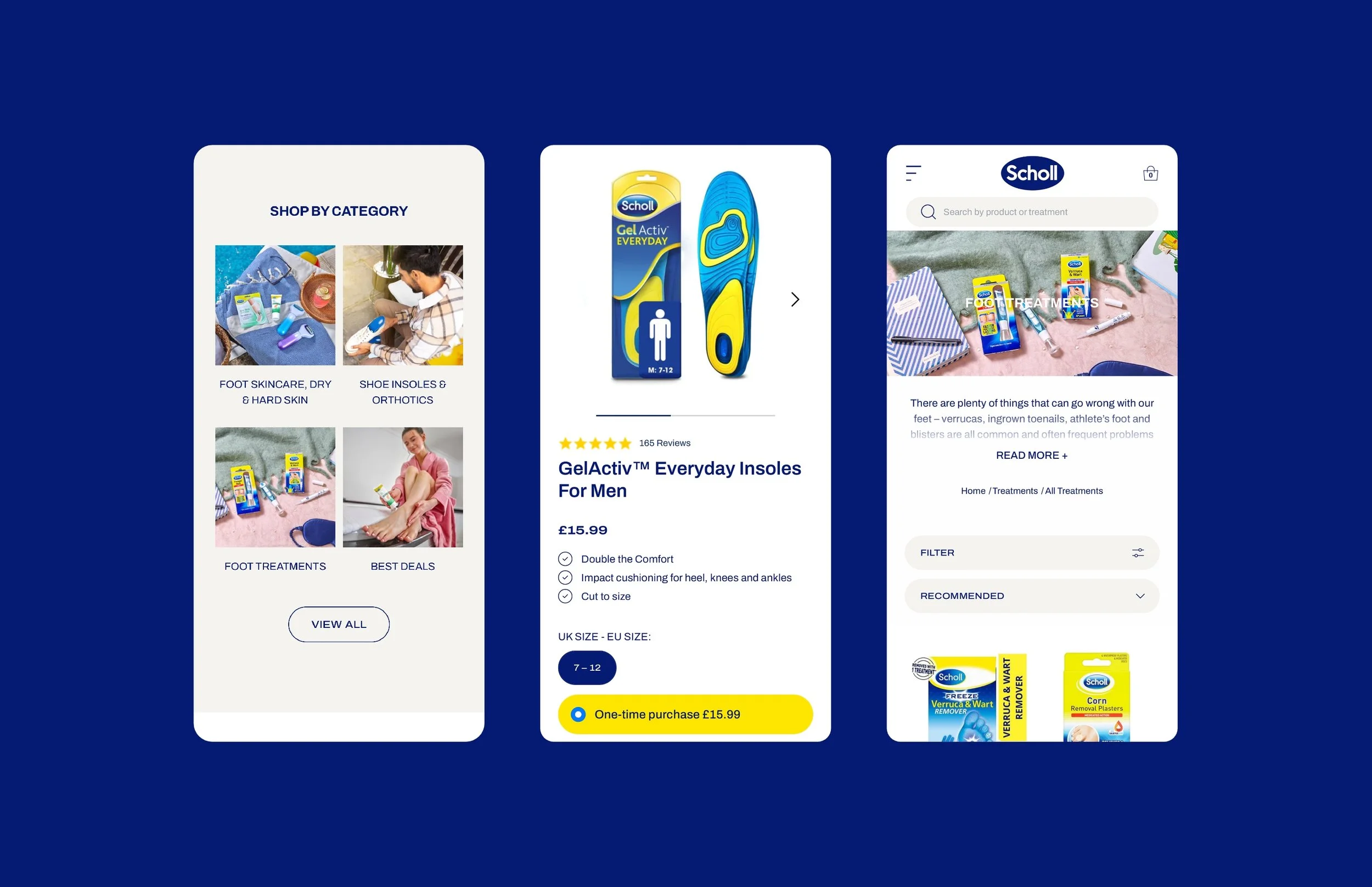 Three mobile screens showing online shopping for Scholl foot care products. The first screen displays different categories like foot skincare and orthotics. The second screen highlights GelActiv Everyday Insoles for Men priced at £15.99. The third screen shows the Scholl website with a variety of foot care products on a pink surface.