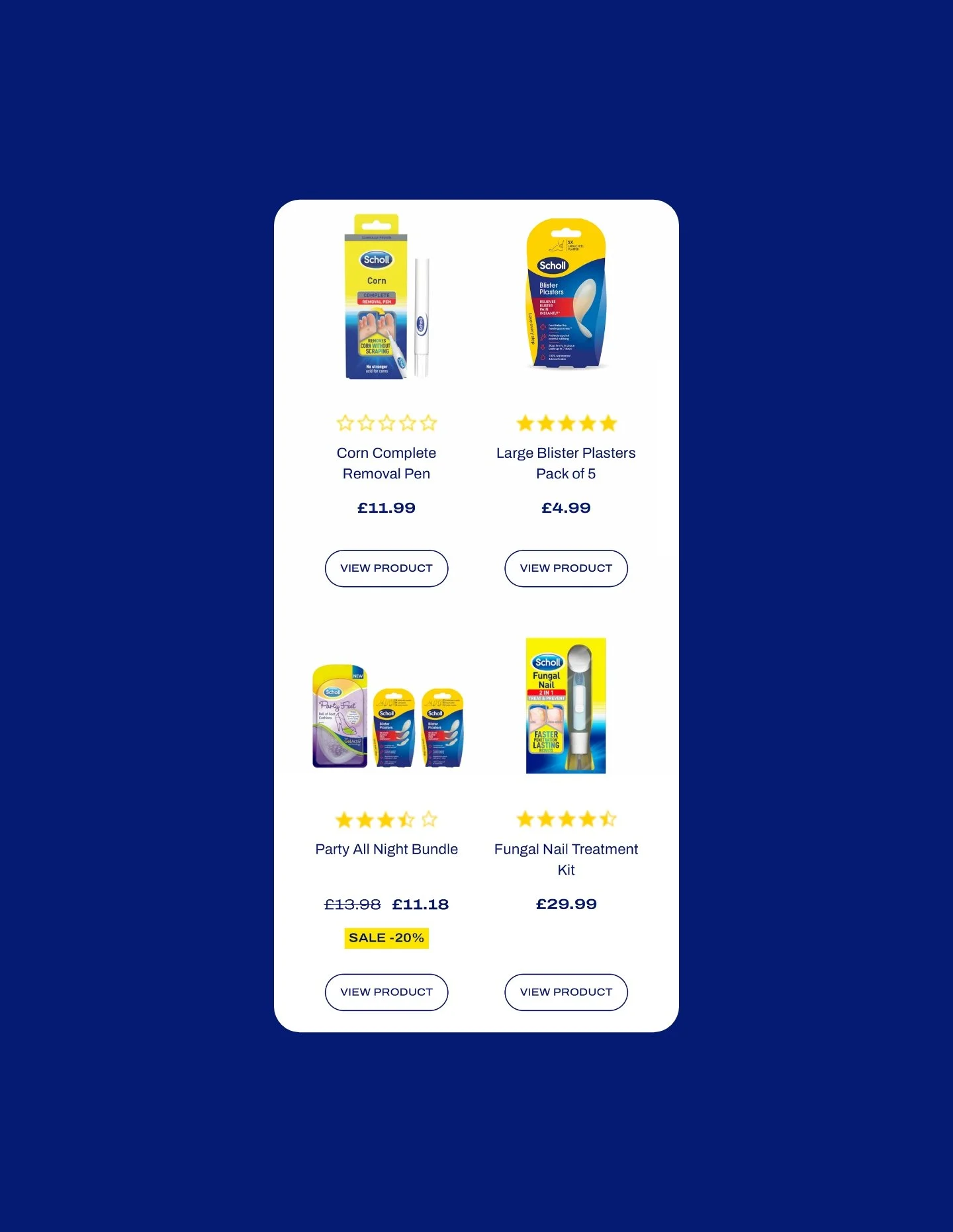 Online product listing featuring household items including a corn removal pen, blister plasters, party night bundle, and a fungal nail treatment kit, each with prices and view buttons.