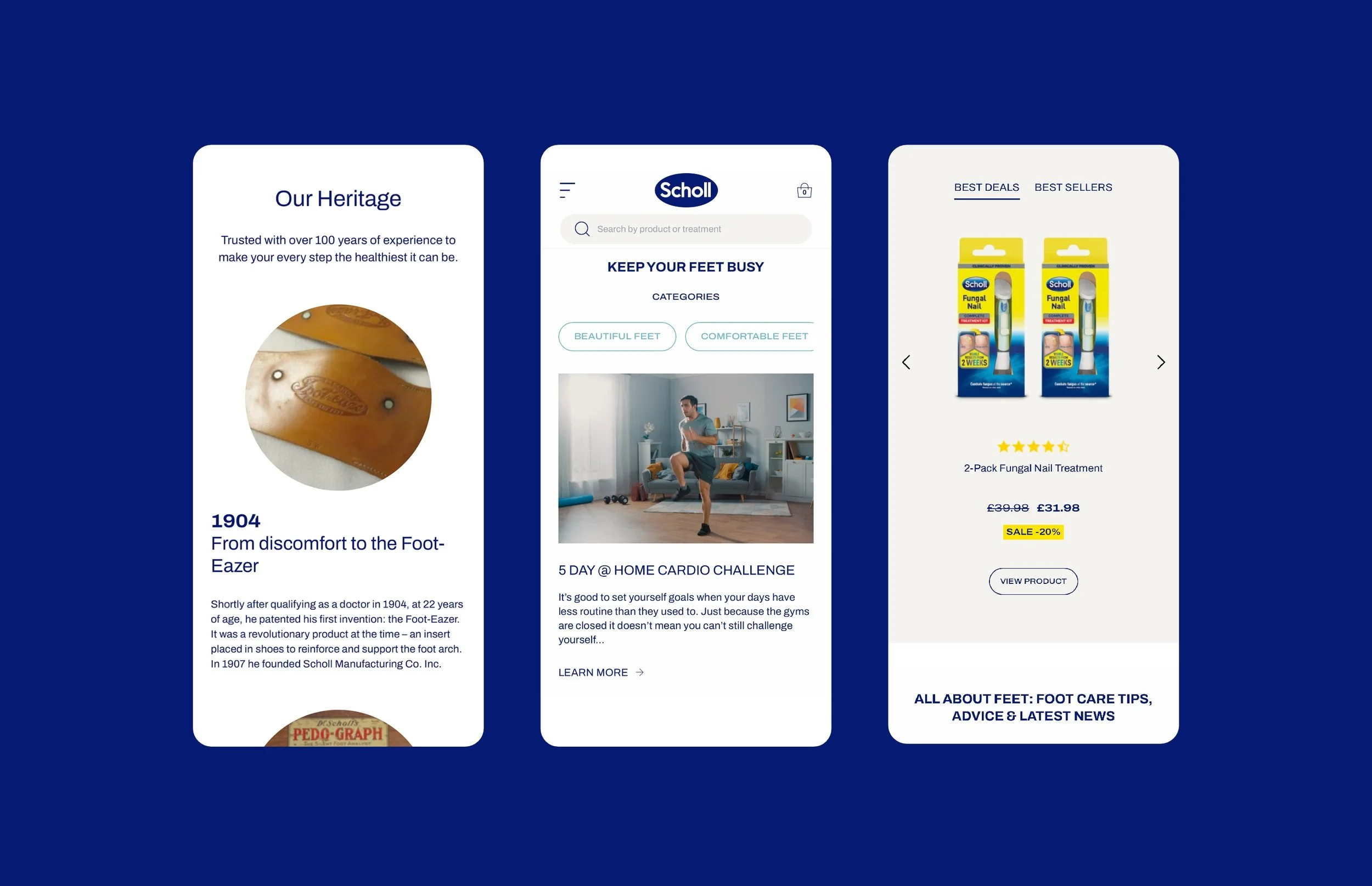 Three smartphone screens display a website with foot care products and information. The first screen about heritage and history; the second shows a home workout challenge; the third showcases a product for fungal nail treatment with pricing, discount, and call-to-action button.
