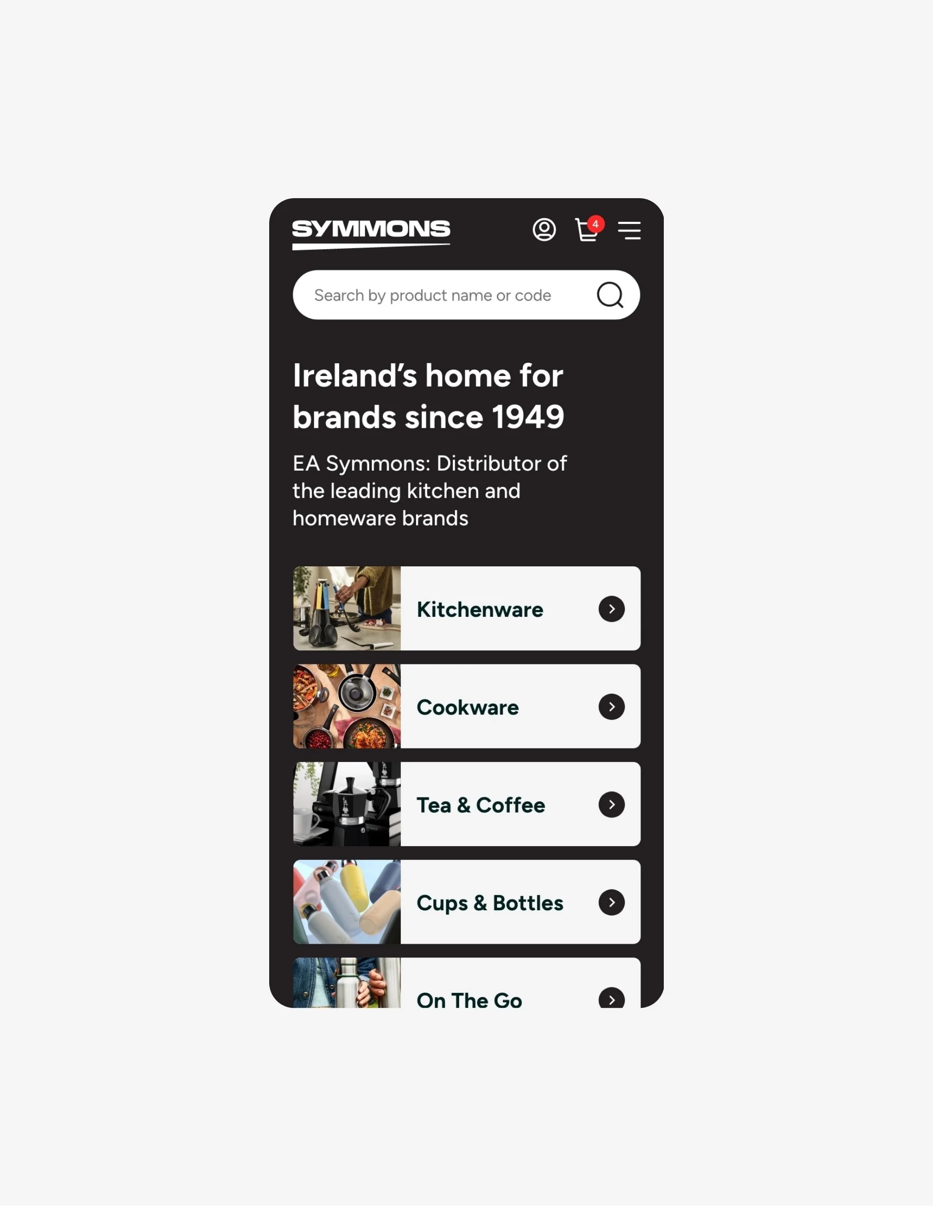 Smartphone screen displaying an online store homepage for kitchen and homeware brands, featuring categories like Kitchenware, Cookware, Tea & Coffee, Cups & Bottles, and On The Go.