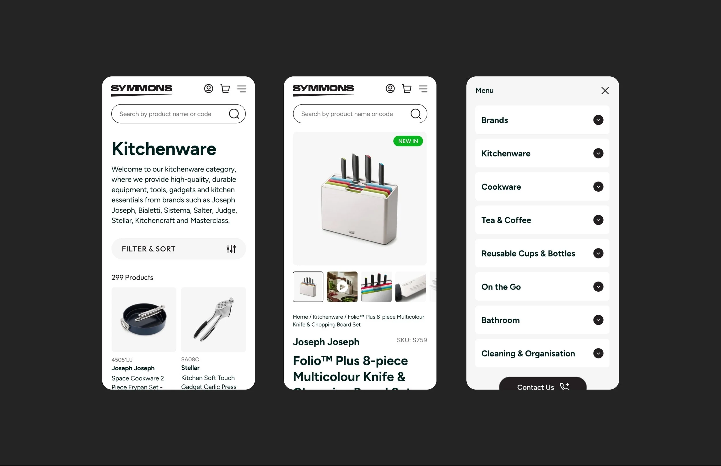 Screenshots of a mobile shopping app for kitchenware, showing product categories, a knife set, and a menu with various categories.