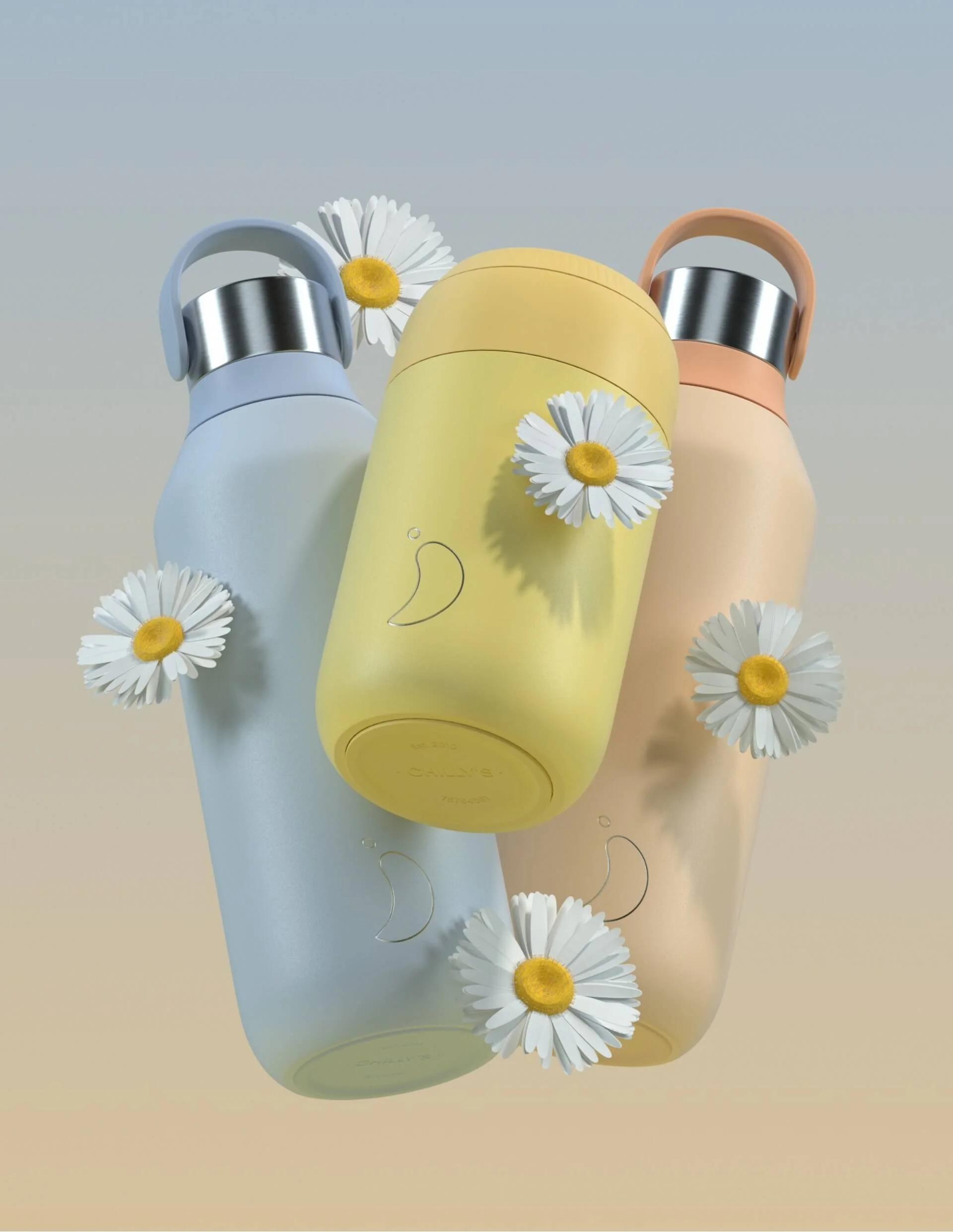 Three pastel-colored water bottles in blue, yellow, and cream, decorated with daisies, against a gradient background.