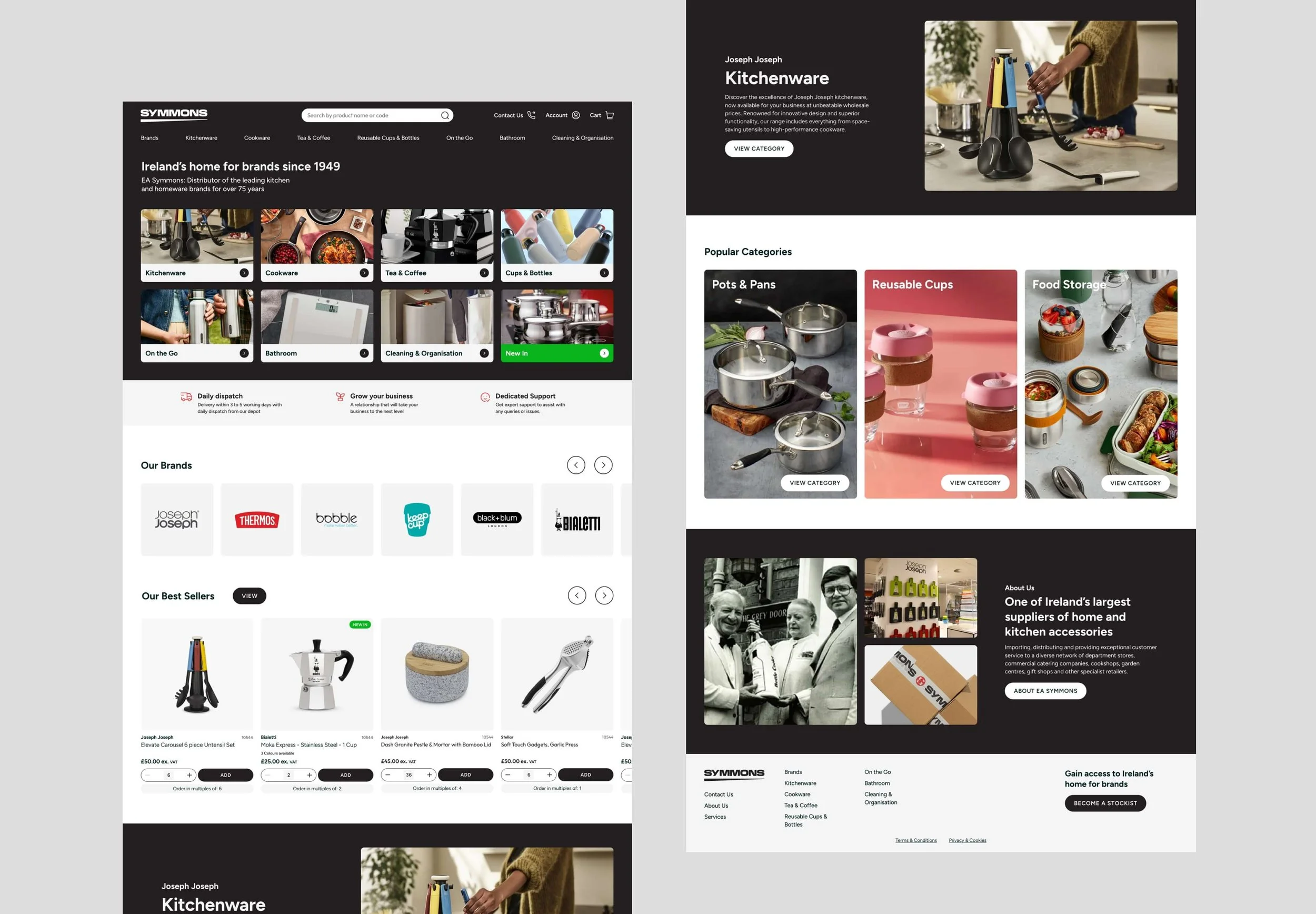 Screenshots of a website selling homeware and kitchen products, with categories like kitchenware, cookware, tea & coffee, reusable cups & bottles, and cleaning & organization. Highlighted sections include popular categories such as pots & pans, reusable cups, and food storage, along with brand logos and best-selling products.