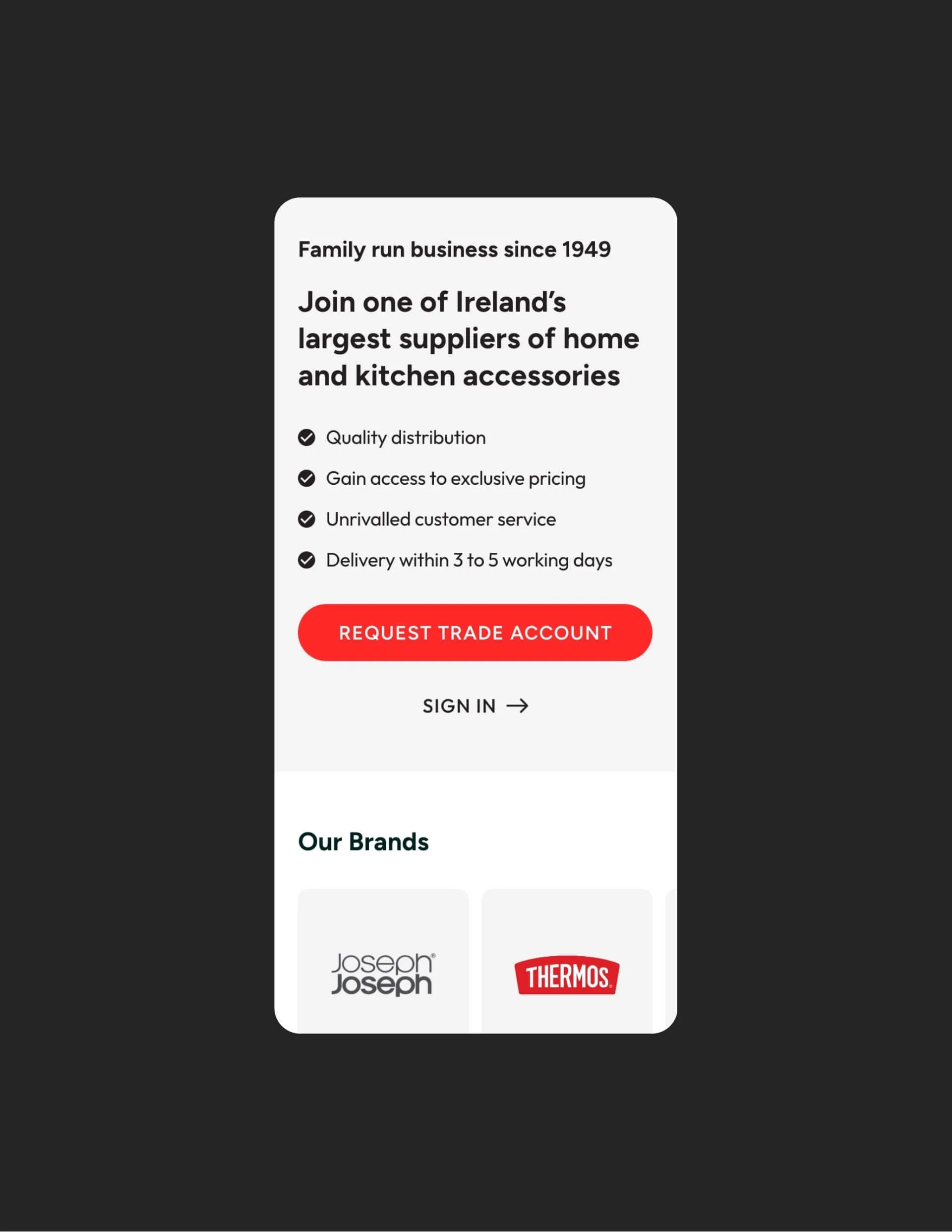 Mobile screen showing a home appliance supplier's promotional webpage with a headline about family-run business since 1949, a list of benefits, a red call-to-action button to request a trade account, and logos of brands Joseph Joseph and Thermos.
