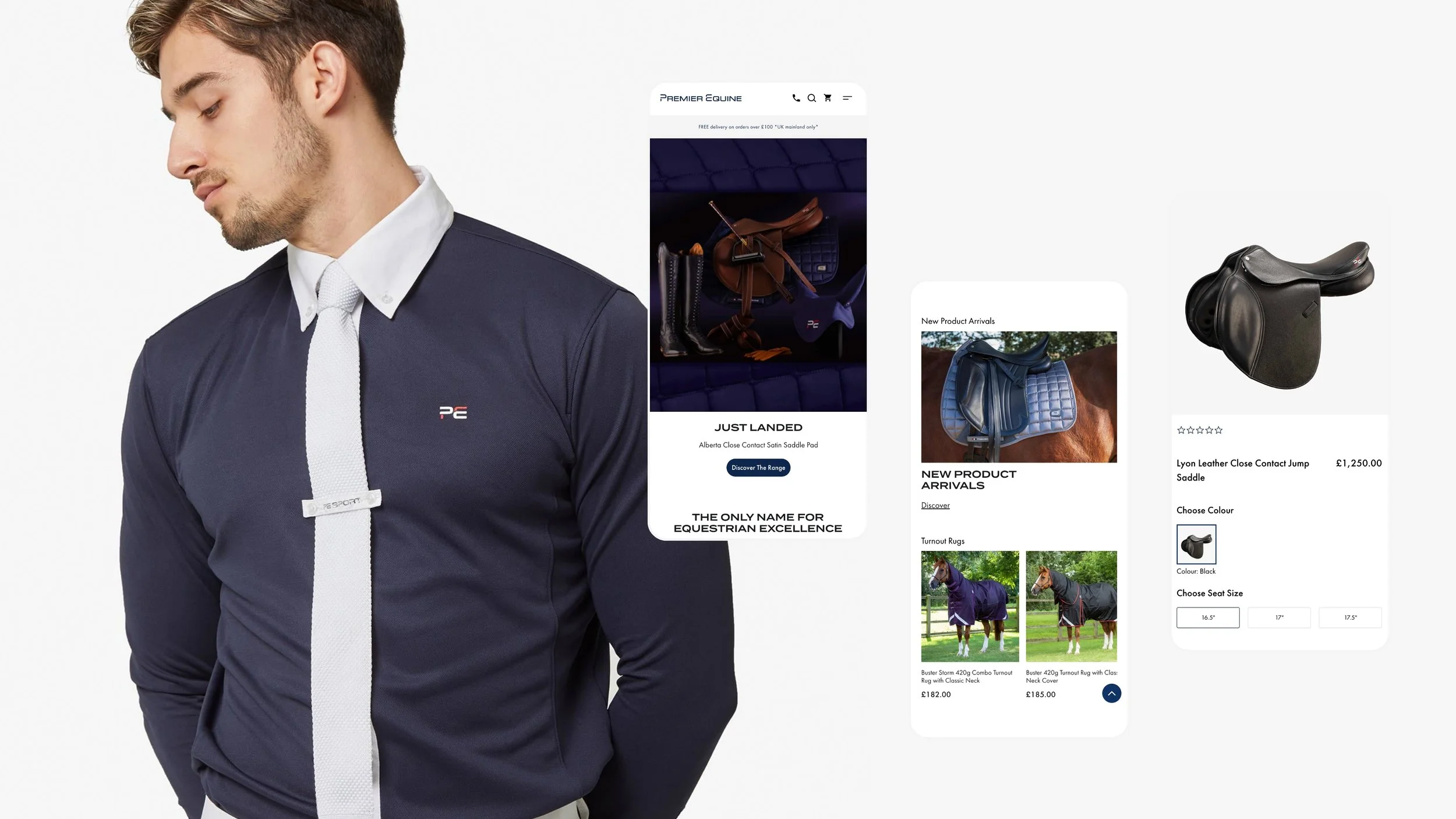 A man in a navy equestrian shirt with a white collar and a white tie. Two shopping mobile screens with horse riding equipment and accessories are displayed beside him, including saddles, a riding jacket, and a leather saddle, against a white background.