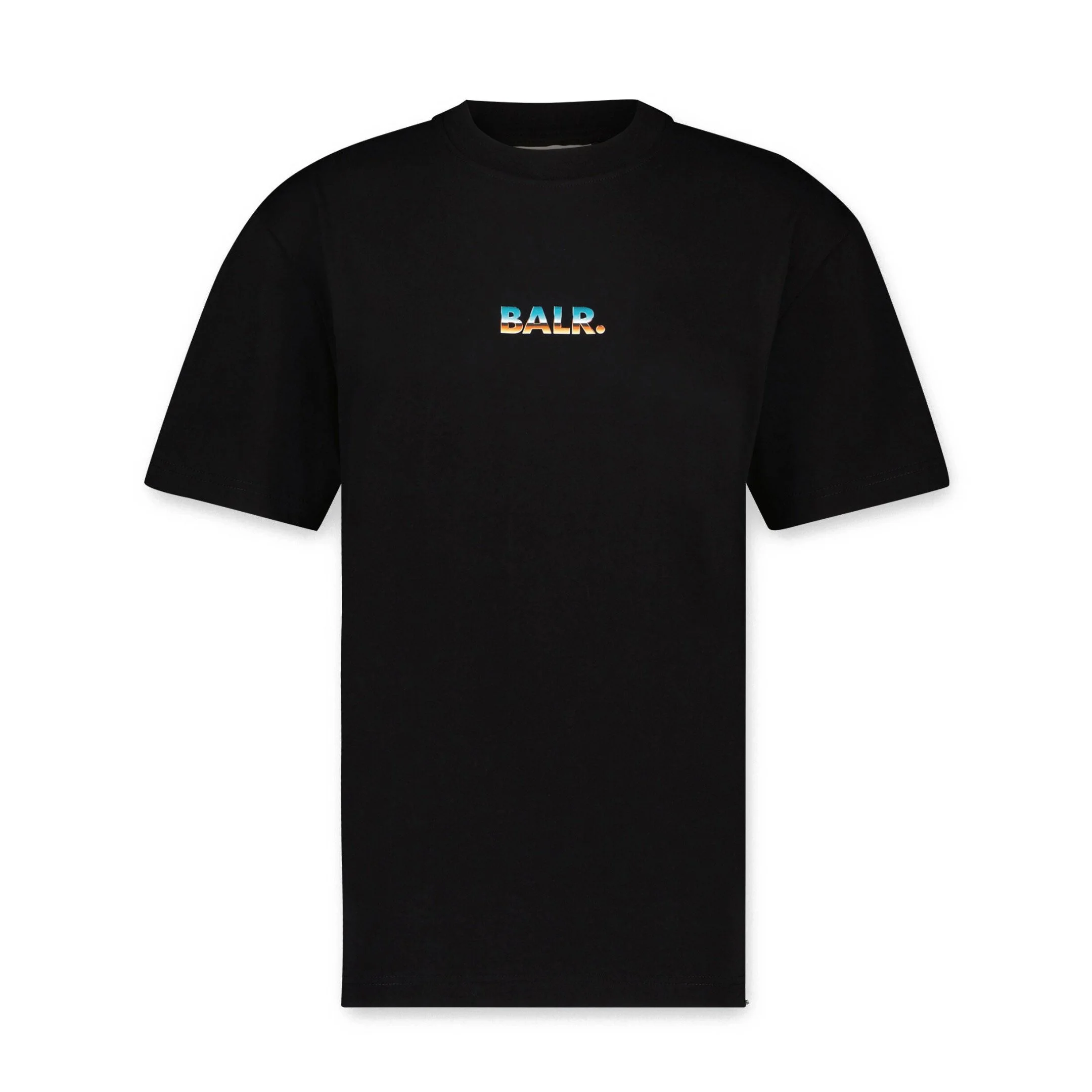 Black T-shirt with small multicolored 'BALR.' logo in the center.