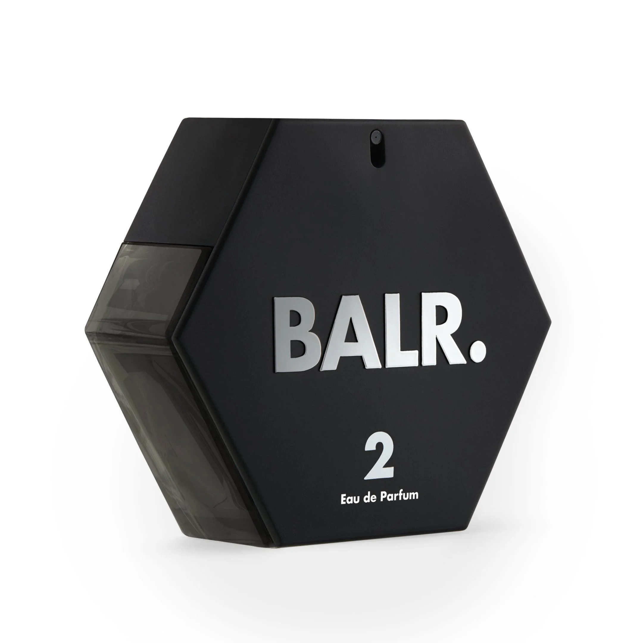 Black hexagonal perfume bottle labeled 'BALR. 2 Eau de Parfum' with a transparent cap on the left side.