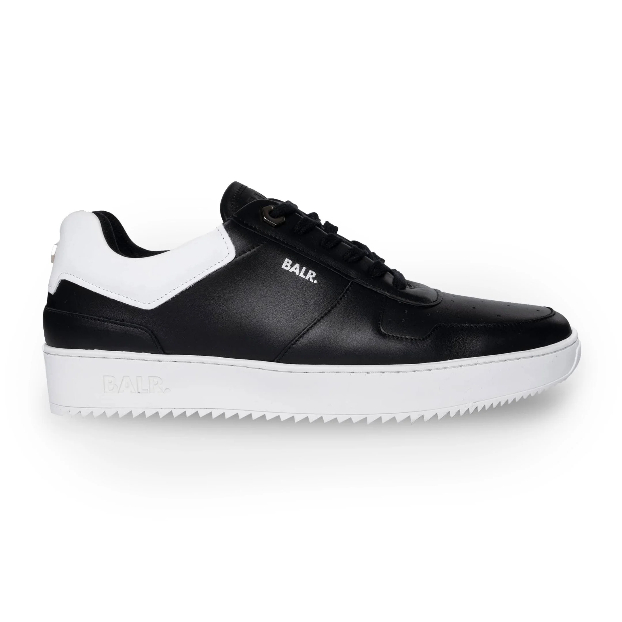 Black and white Balr sneaker with a black upper, white heel detail, and a white sole.