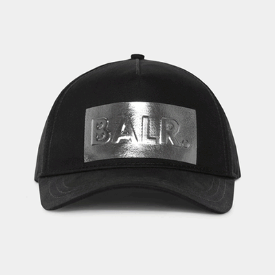 Black baseball cap with a metallic patch on the front that reads 'BALR'.