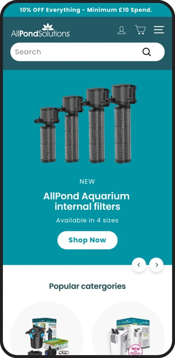 Screenshot of AllPond Solutions website featuring aquarium internal filters. Top banner offers 10% off with a minimum purchase of 10 pounds. The page shows four sizes of internal filters for aquariums, with a 'Shop Now' button. Below, there are popular categories including various aquarium filter products.