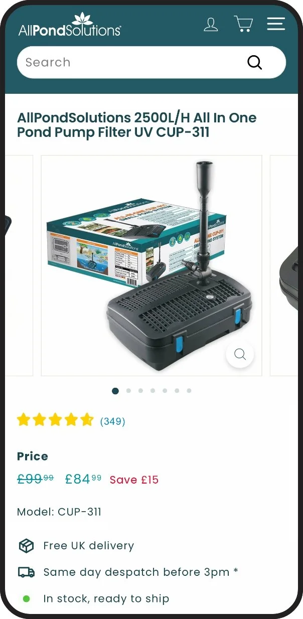 Online product listing for an AllPondSolutions 2500L/h All-In-One Pond Pump Filter UV CUP-311, showing the pump and filter system along with its packaging and price details.
