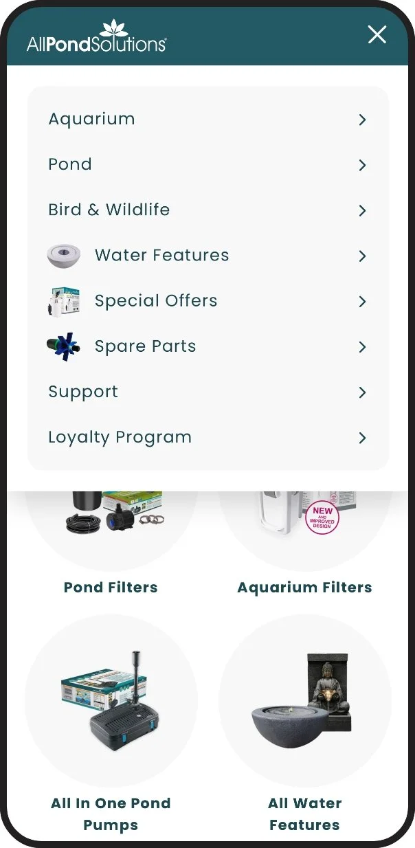 Mobile app menu with options for Aquarium, Pond, Bird & Wildlife, Water Features, Special Offers, Spare Parts, Support, and Loyalty Program. Below are pictures of pond filters, aquarium filters, pond pumps, and water features.