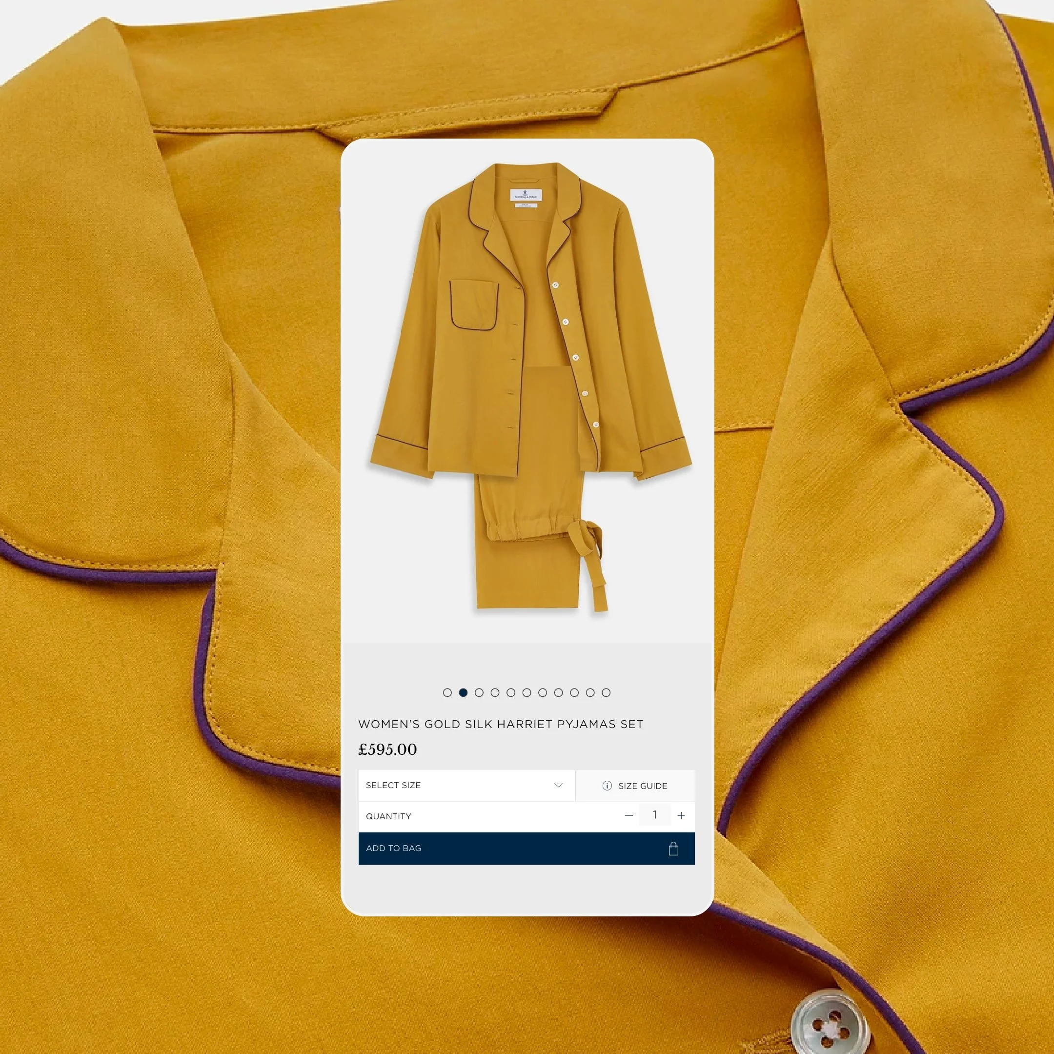 A mobile shopping app screen displaying a women's gold silk Harriet pajamas set priced at £595.00. The pajamas include a long-sleeved button-up top with a pocket on the chest, and matching pants with a drawstring waist. The product has multiple size 