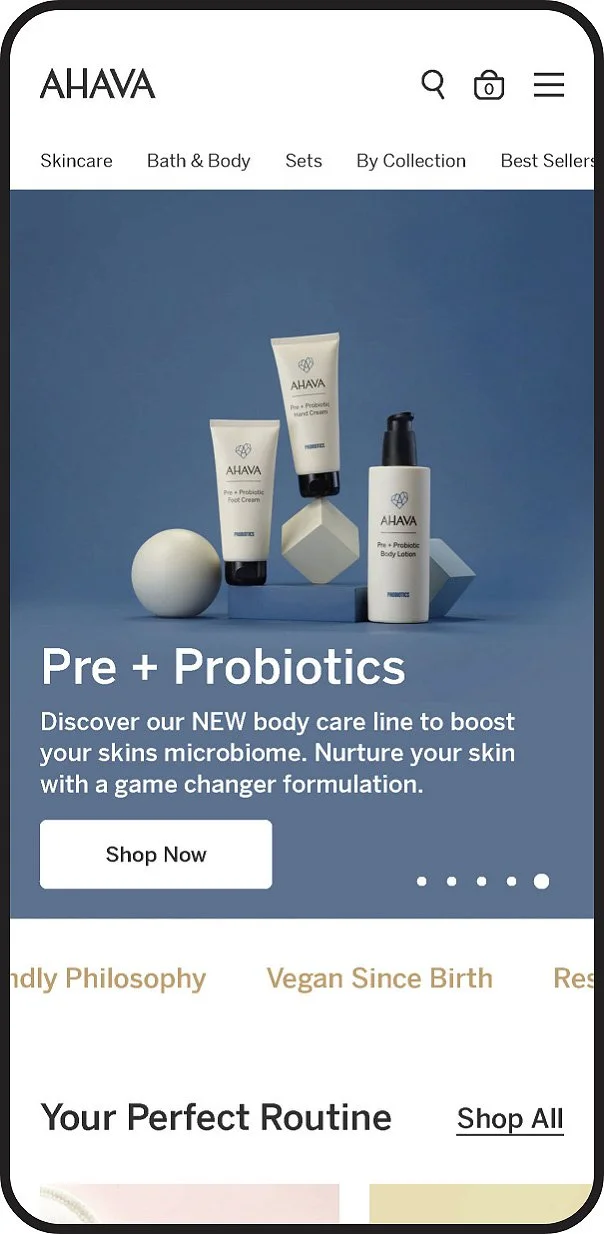 AHAVA skincare website displaying products from the Pre + Probiotics body care line, including body lotion and foot cream, with a blue background and online shopping options.