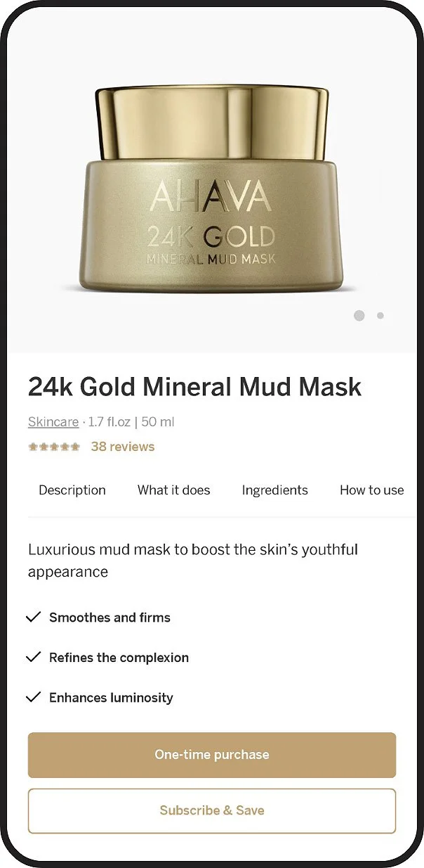 A jar of AHAVA 24k Gold Mineral Mud Mask, gold-colored, with gold lid, on a white background, product name and description visible.