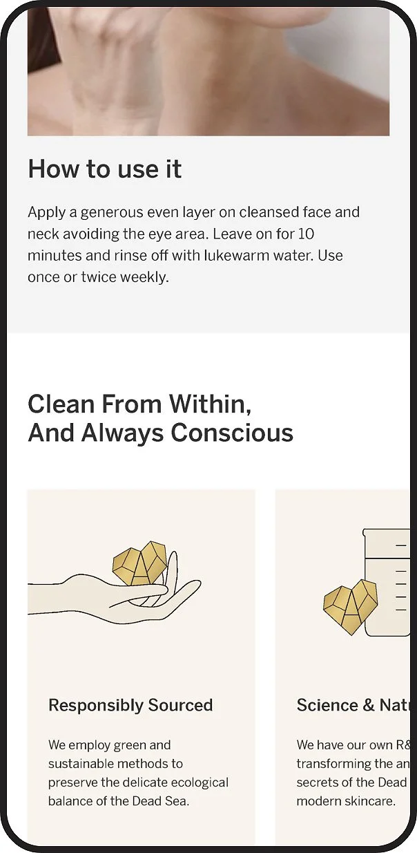 An informational skincare product page with text on how to use the product, emphasizing responsible sourcing and science-based ingredients. The page features two illustrations: one of a hand holding a geometric heart-shaped object, and another of the same object next to a measuring device.