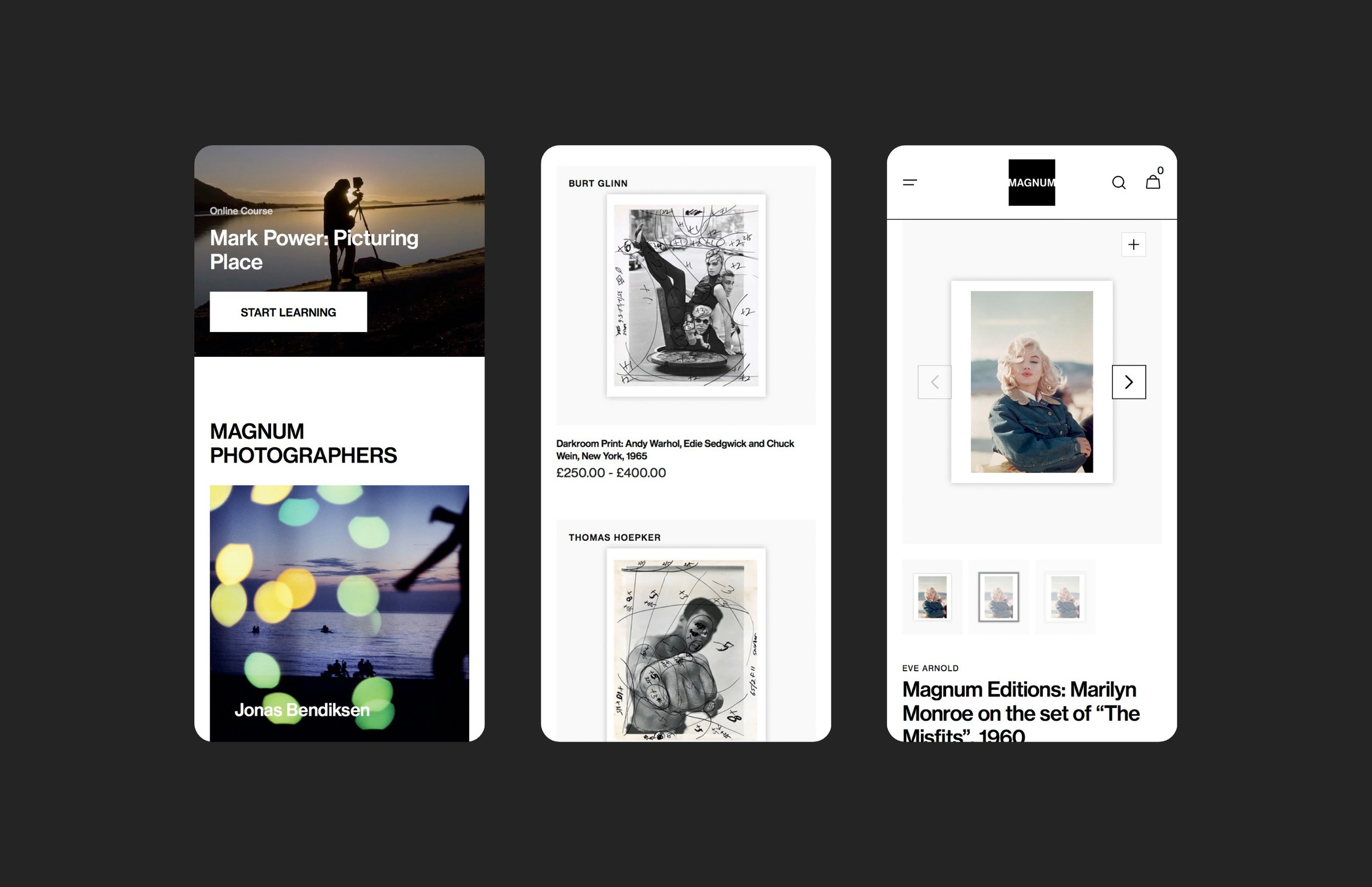 Three mobile screens showcasing an online photography course, art gallery, and art catalog with images of photographs, artwork, and book titles.