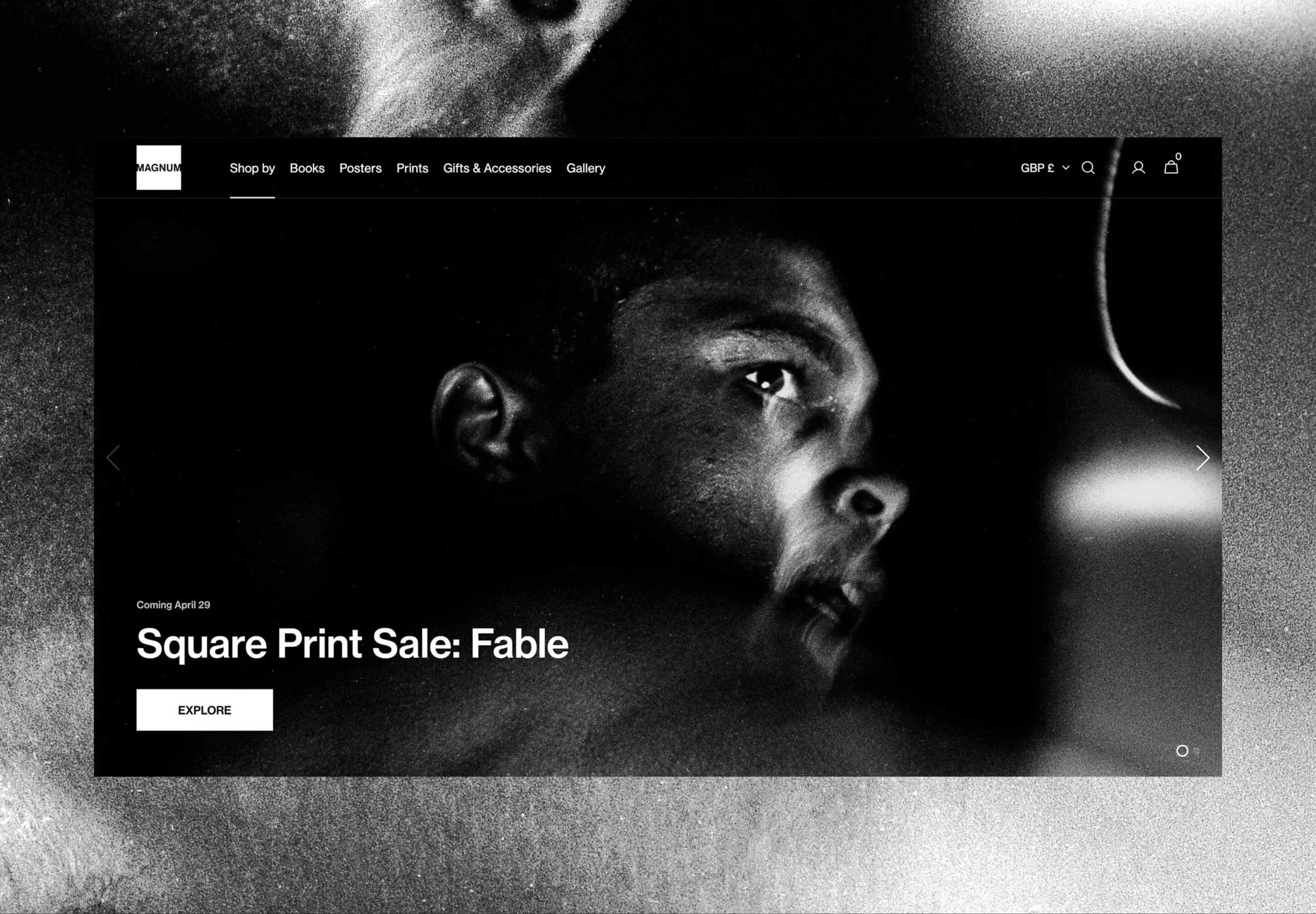 A black and white promotional website screenshot featuring a close-up of a person's face with short hair, looking to the right. The website header includes sections for shop, books, posters, prints, gifts & accessories, and gallery. A sale announcement indicates a square print sale starting April 29, with an explore button below.