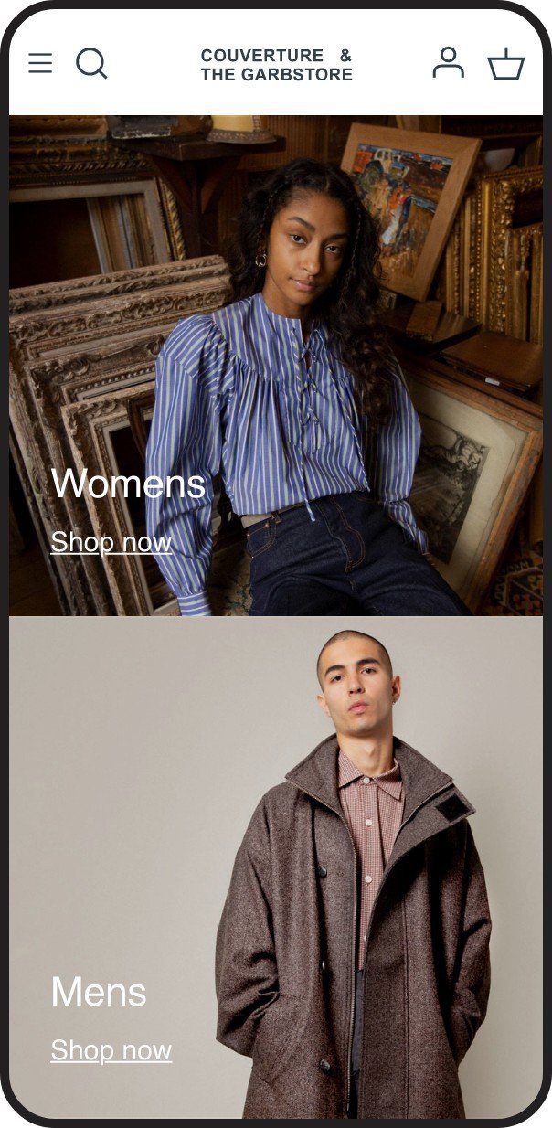 Screenshot of an online clothing store featuring two models, a woman in a blue striped blouse and a man in a brown coat, with text indicating categories for women's and men's fashion.