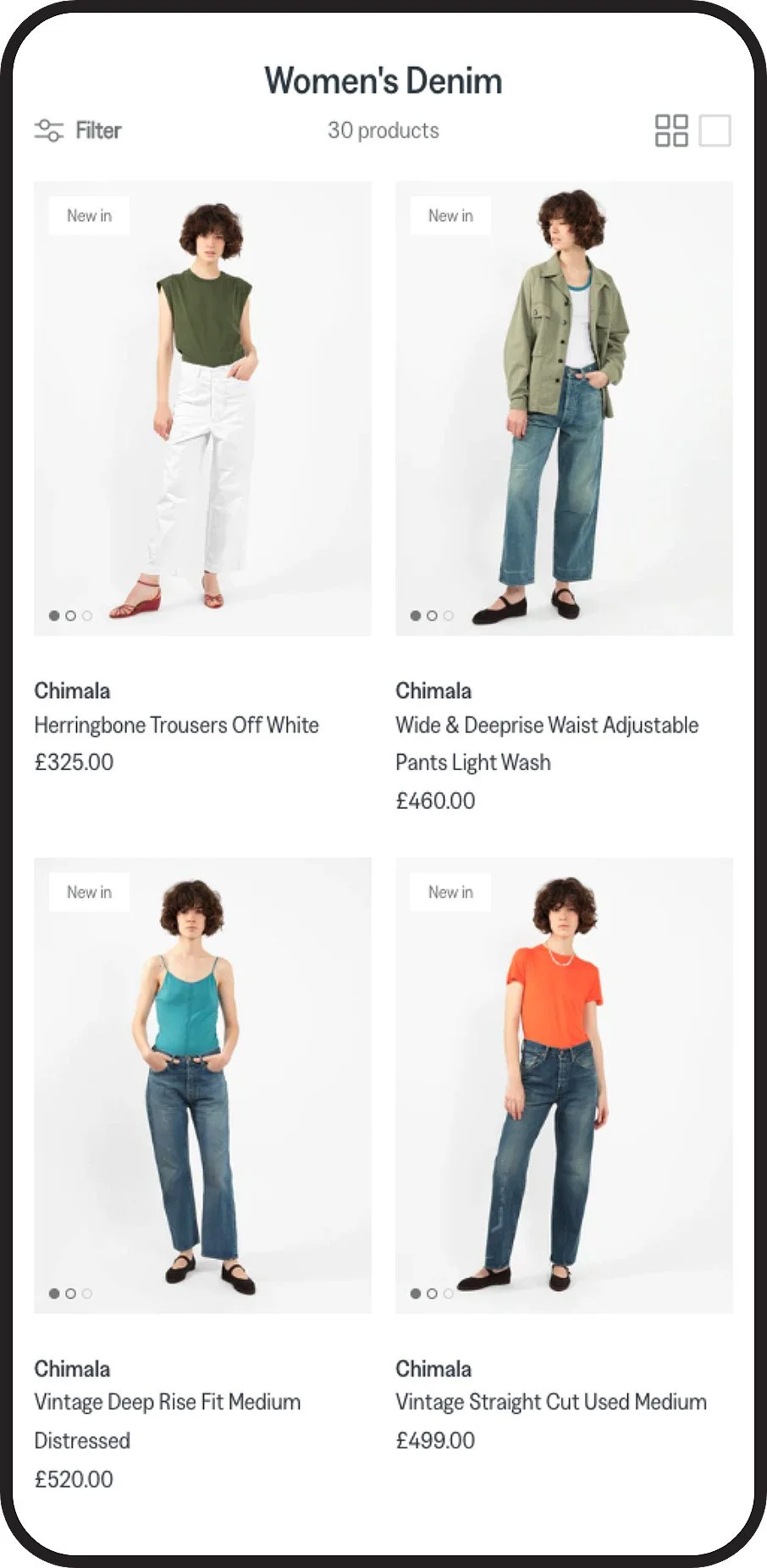Online clothing store displaying women's denim products, including white trousers, wide and deprise waist jeans, vintage deep rise fit, and vintage straight cut used jeans with model photos.