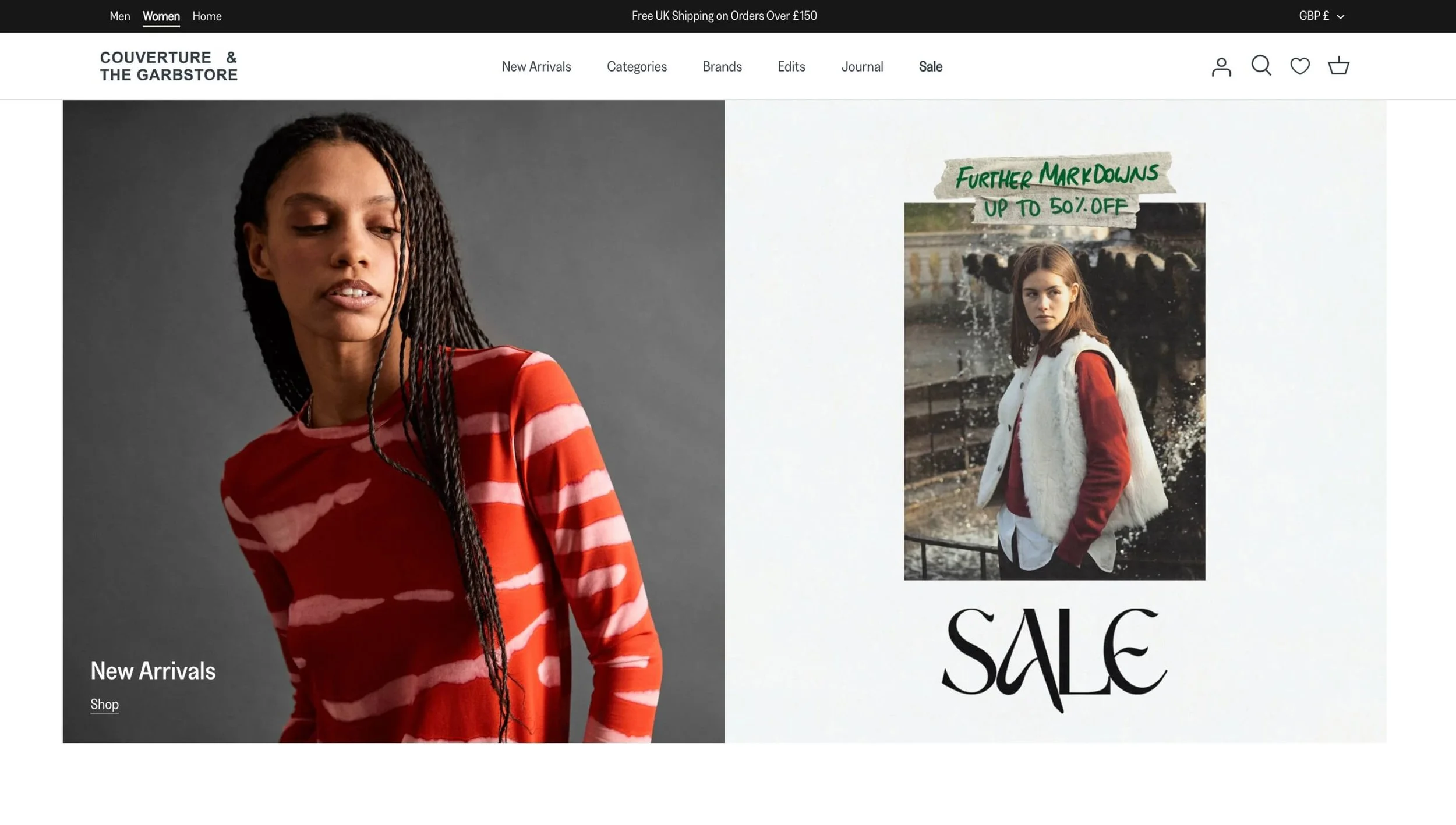 A screenshot of the online store 'Couvreure & The Garbstore' featuring a woman with long dark braids wearing a red and white striped dress on the left side, and a promotional image of a young woman in a red jacket with a white fur vest near a fountain on the right side, with handwritten-style green text at the top saying 'Further Markdowns up to 50% off' and the word 'Sale' at the bottom.