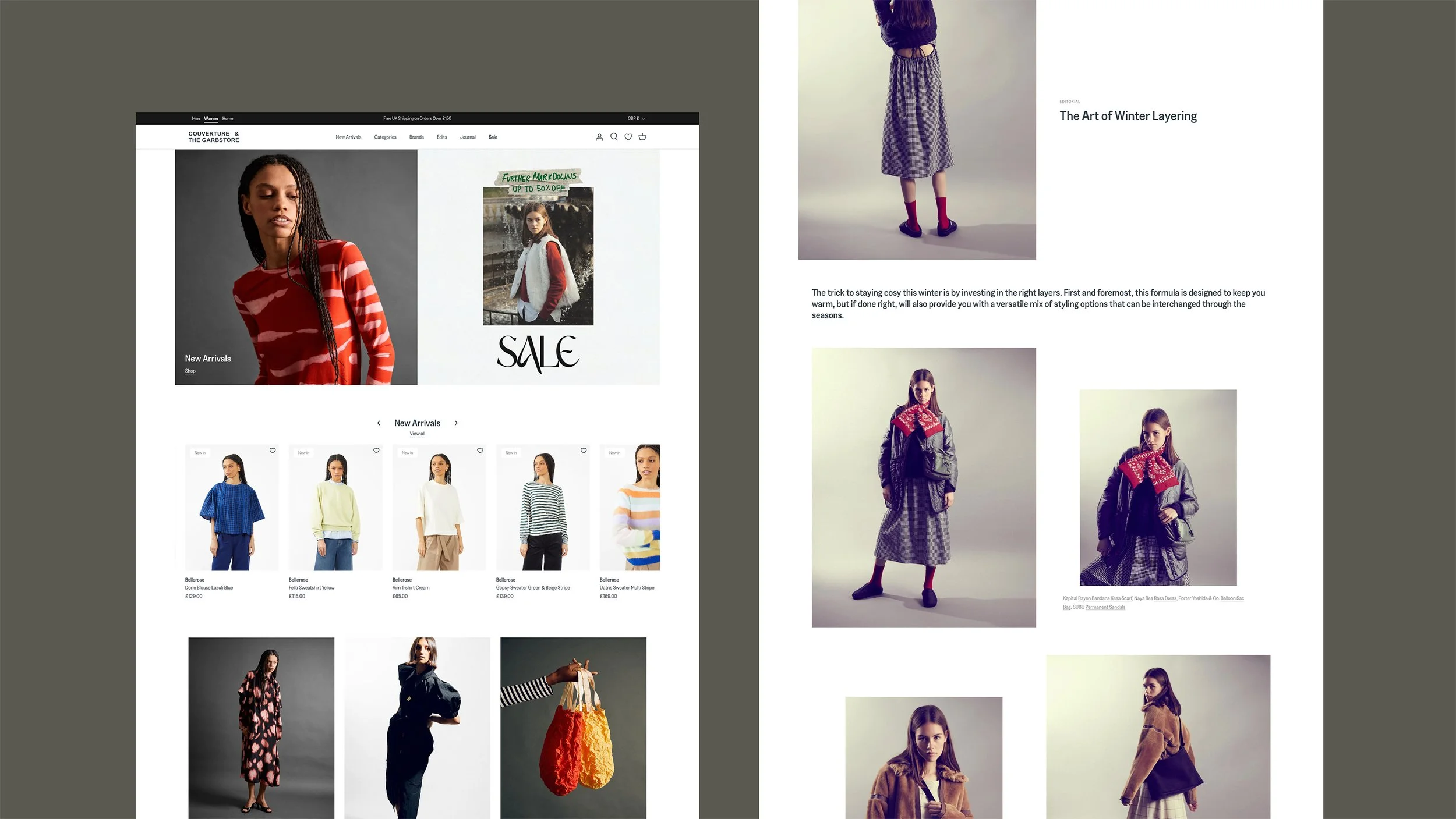 Spread of a fashion website with women's clothing collection on the left and a magazine article on winter layering on the right. The website showcases new arrivals including sweaters, dresses, and accessories. The magazine article has images of women in layered winter outfits.
