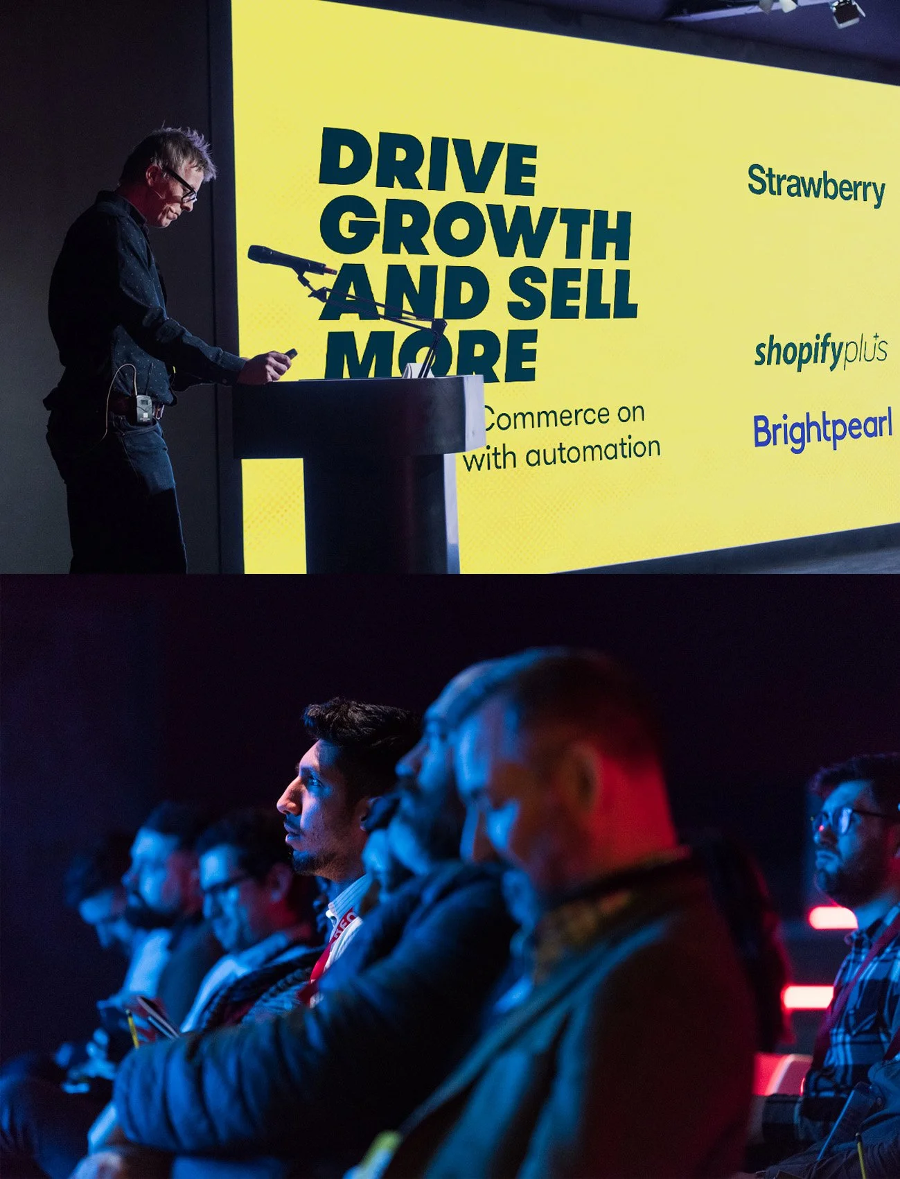 A man presenting at a conference with a large yellow screen behind him reading 'Drive Growth and Sell More' with logos of Shopify Plus and Brightpearl, and a subtitle about commerce automation. An audience is seated and listening attentively.