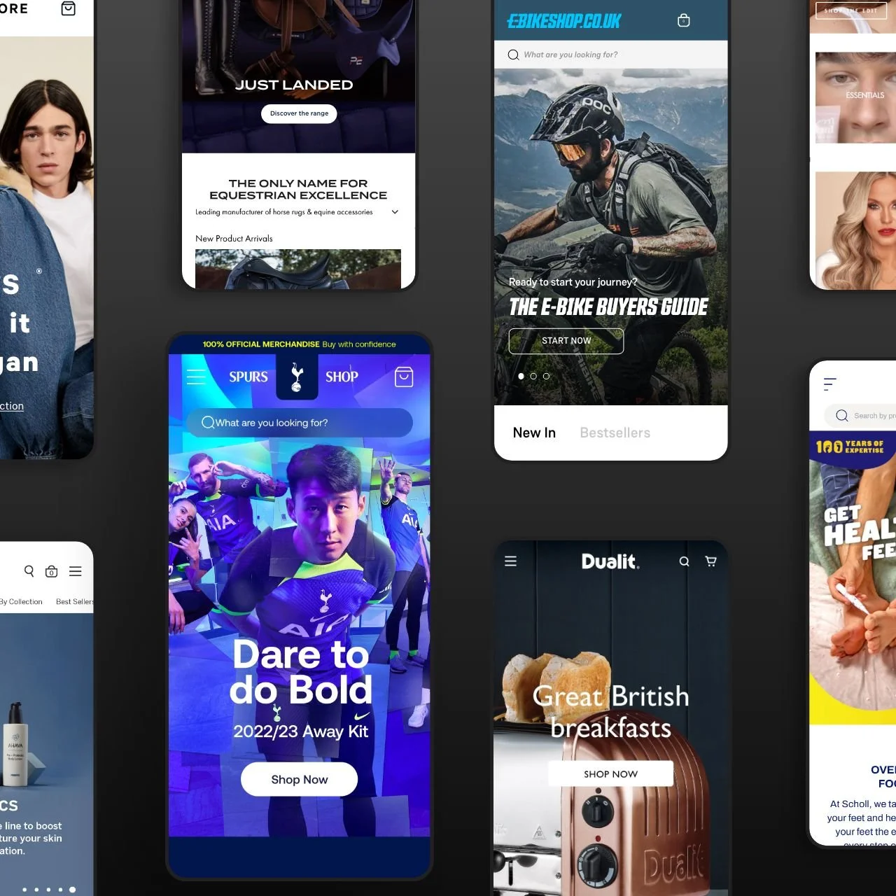 collage of various mobile e-commerce website screens showcasing products like sportswear, bicycles, British breakfasts, and health products.
