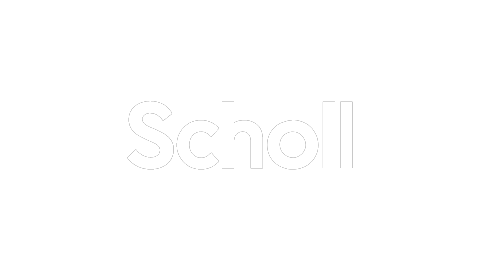 Scholl logo with brand name inside a white oval on a black background.