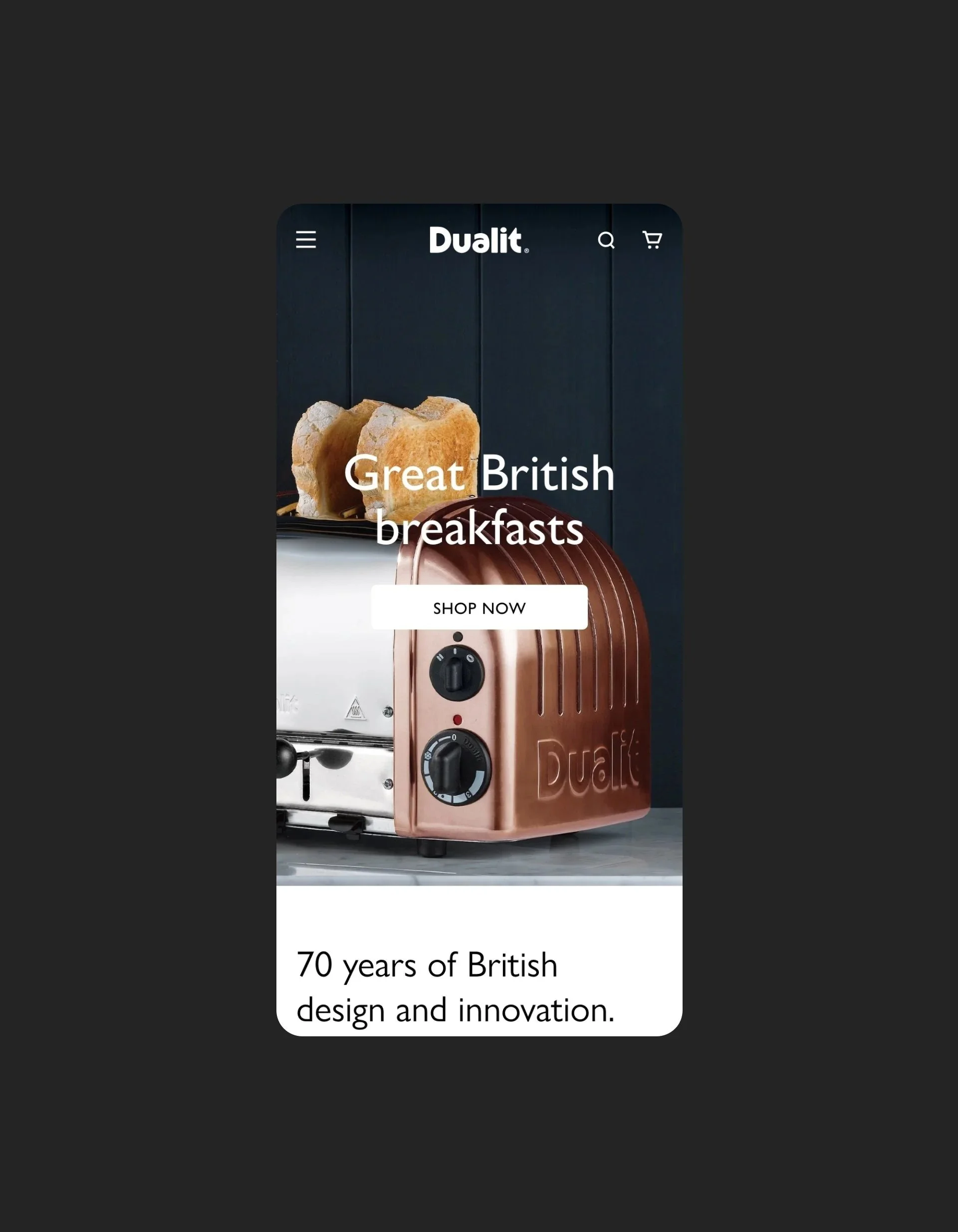 A mobile website displaying a toaster and bread with the text 'Great British breakfasts' and a button labeled 'Shop Now'. Additional text mentions '70 years of British design and innovation'.