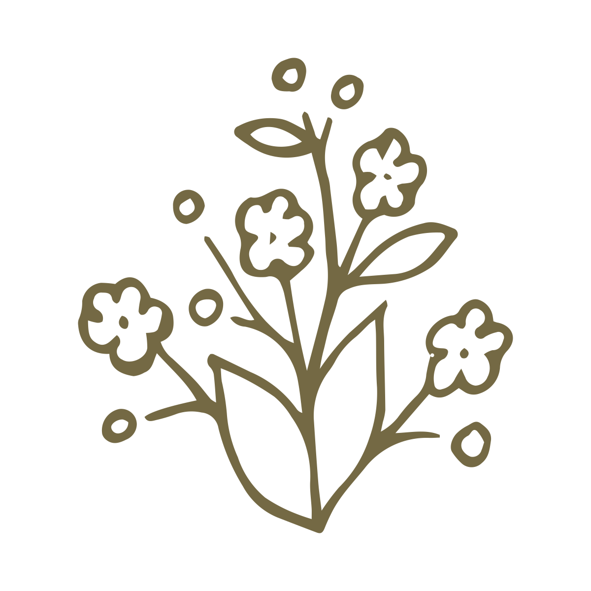 Line drawing of a small bouquet of flowers with three larger flowers, leaves, and small circular accents.