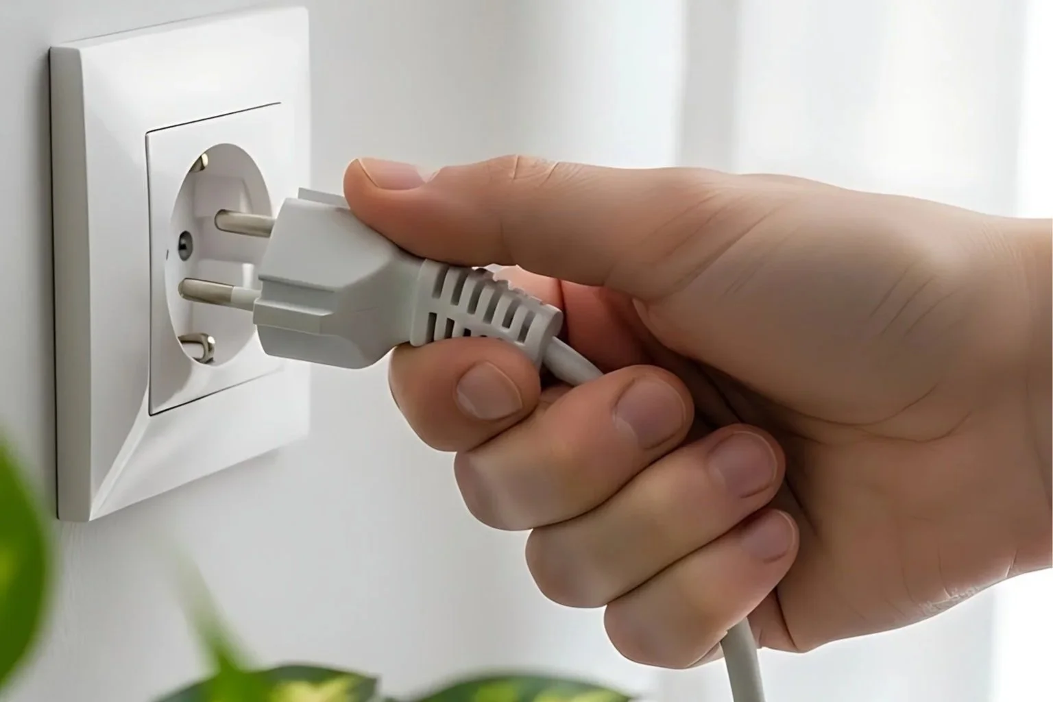 Close-up of a hand plugging an electrical cord into a white electrical outlet.