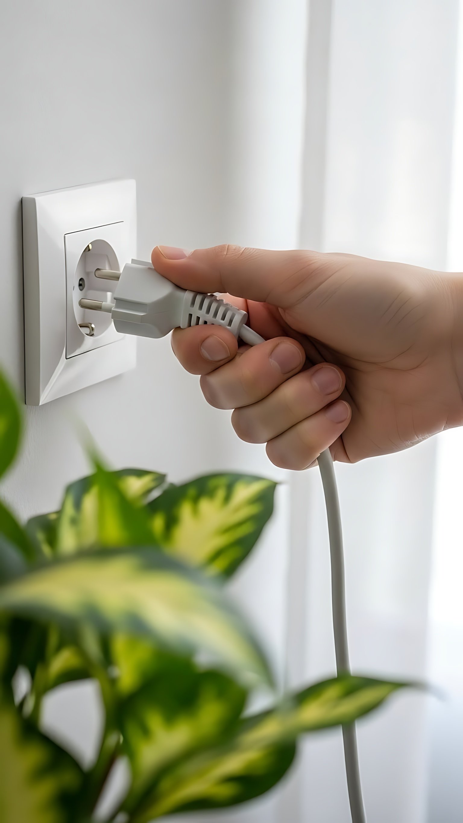 Close-up of a hand plugging an electrical cord into a wall outlet, with green leaves in the foreground and natural light coming through a window.