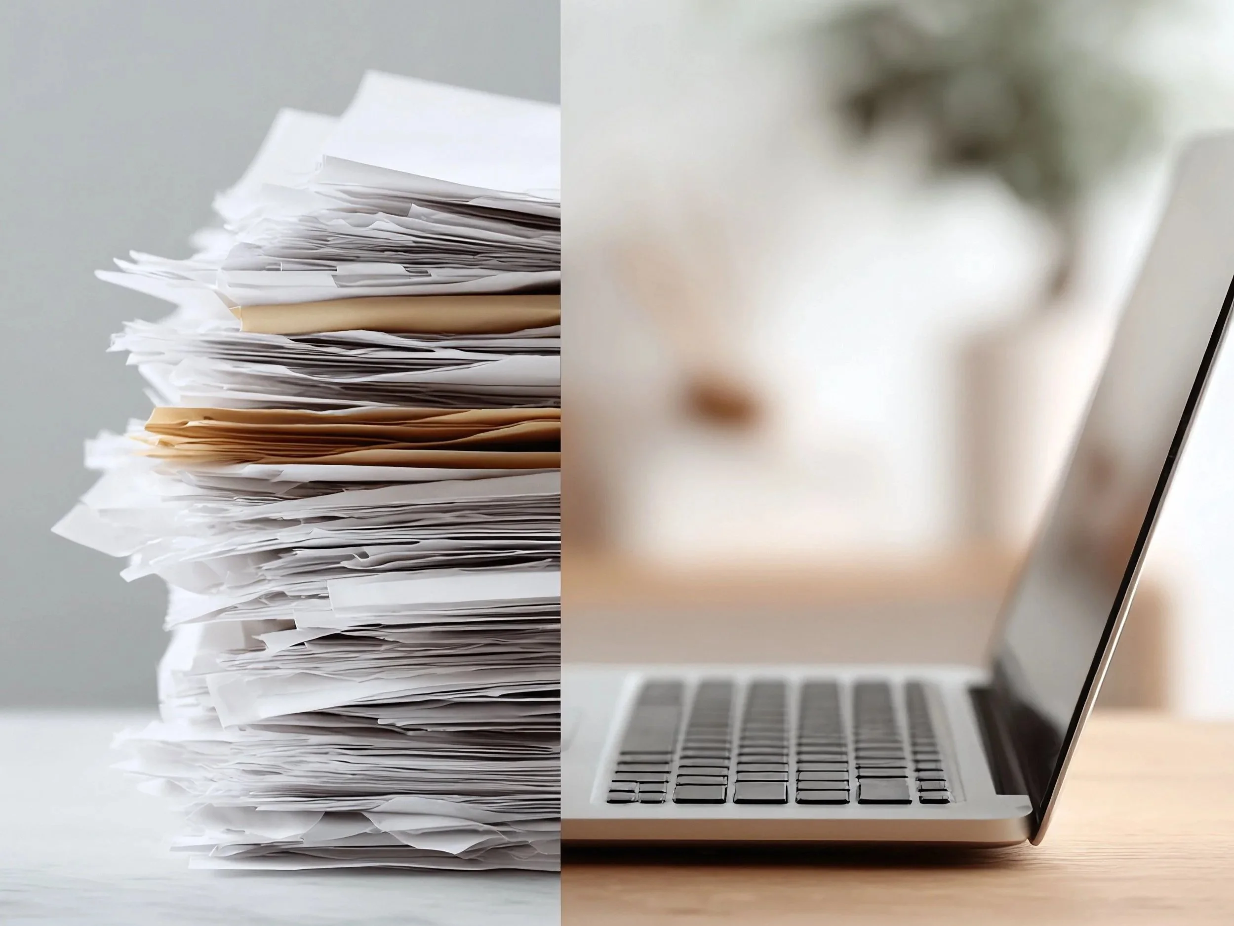 A split-screen image showing a large stack of crumpled paper on the left and a laptop computer on a desk on the right.