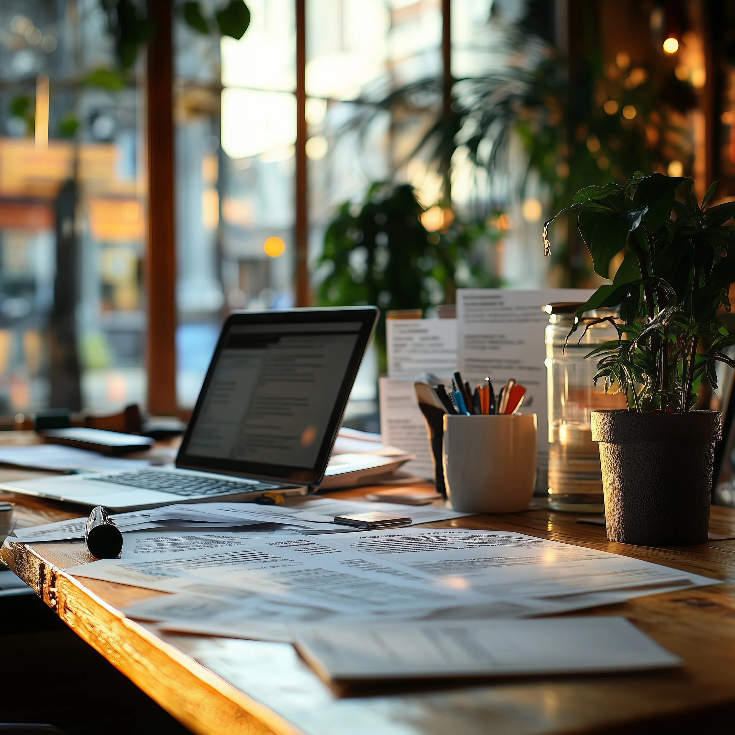 A cluttered wooden office desk with papers, a laptop, a pen, and a pair of glasses, set in a cozy, well-lit room with large windows and indoor plants.