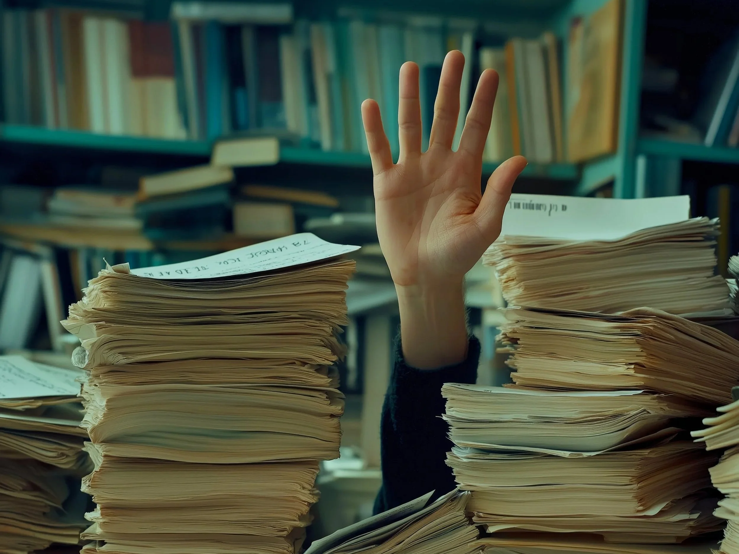 A person's hand with fingers raised, surrounded by large stacks of paperwork and documents on a cluttered desk, with bookshelves in the background.
