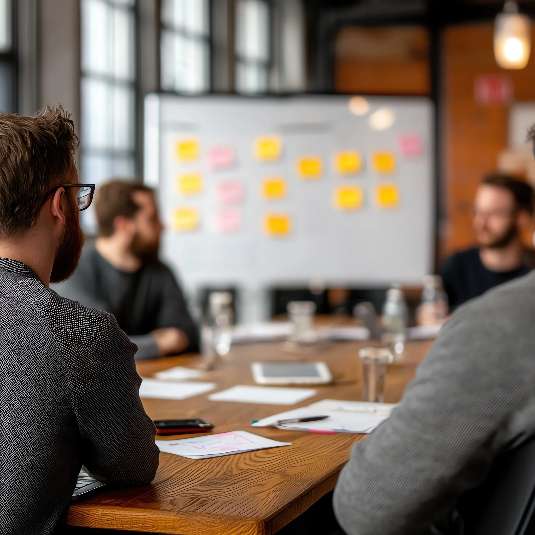 People in a meeting room with notebooks, pens, and water bottles, blurred whiteboard with sticky notes in the background.