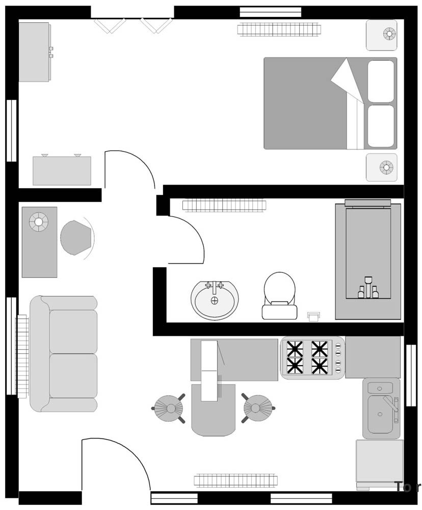 Floor plan of a small apartment with a bedroom, living room, kitchen, and bathroom. Bedroom has a bed and nightstands. Living room has a sofa, chair, and TV. Kitchen has a stove, refrigerator, and sink. Bathroom has a toilet, sink, and bathtub.
