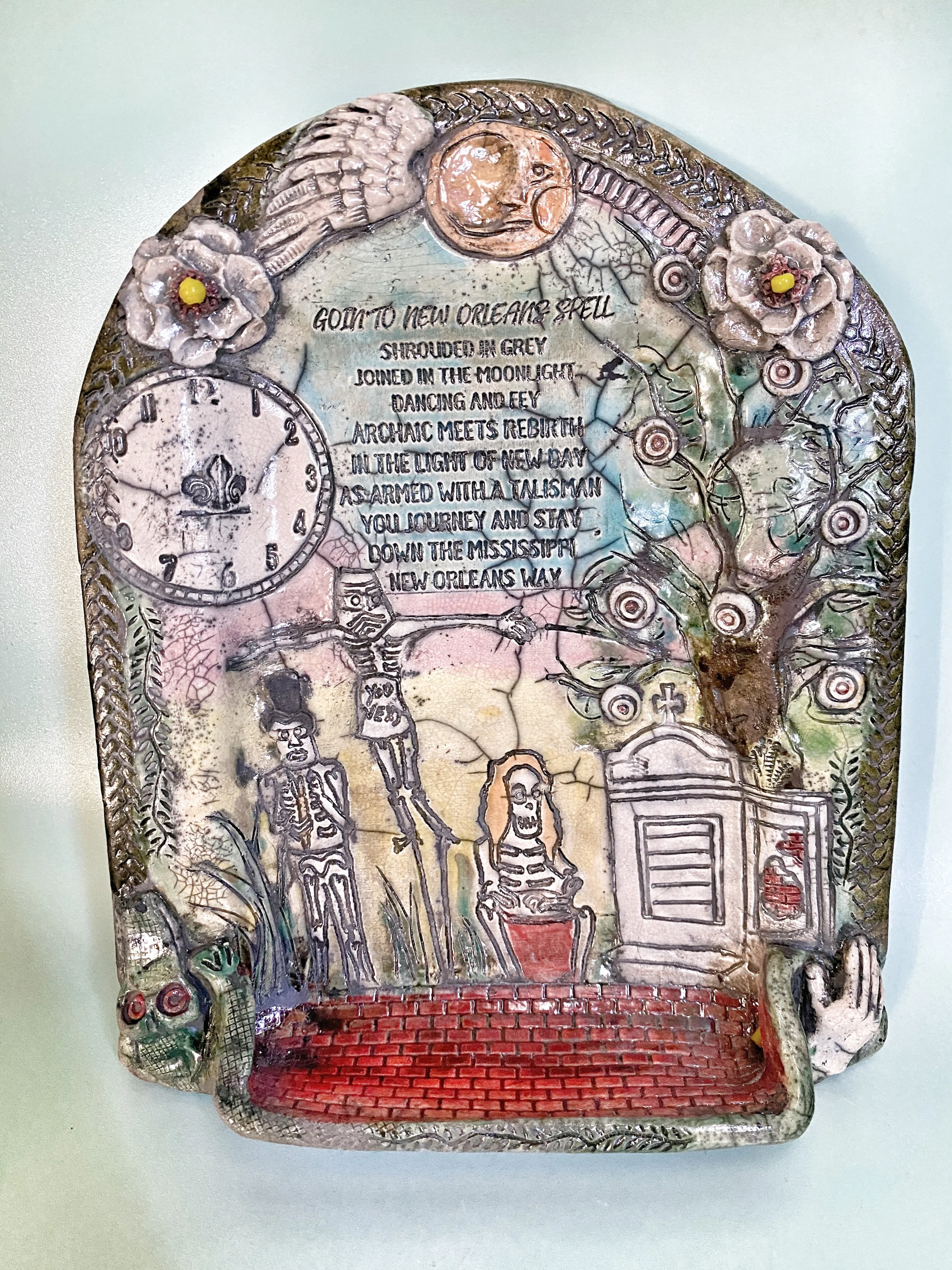 intricate colorful raku fired plaque w