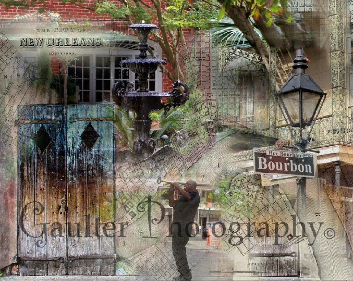 Overlay of New Orleans and French Quarter street scenes with vintage elements, a man playing a trumpet, and maps. The words 'Gaultier Photography' are visible.