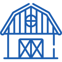 Line drawing of a barn with double doors and a triangular roof