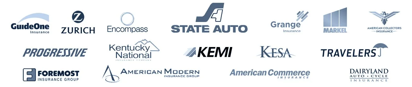 A collection of logos from various insurance companies and auto services, including GuideOne, Zurich, Encompass, State Auto, Grange Insurance, Markel, American Collectors, Progressive, Kentucky National, KEMI, KESA, Travelers, Foremost, American Modern, American Commerce, Dairyland Auto Cycle, and others.