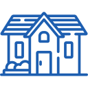 Outline drawing of a house with a gabled roof, front porch, and central doorway.