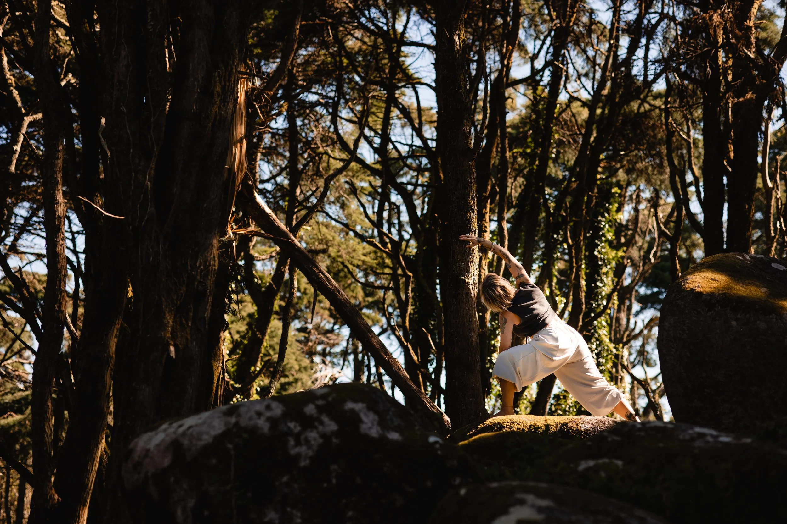 womanpracticingyogaonrockintheforest
