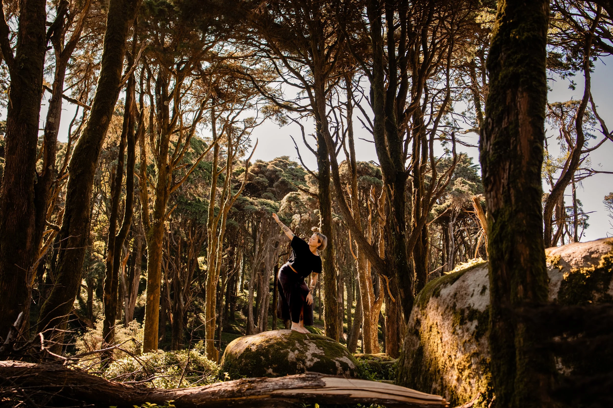 womanstandingintheforestreachingarmbehindandlookingoverhershoulder